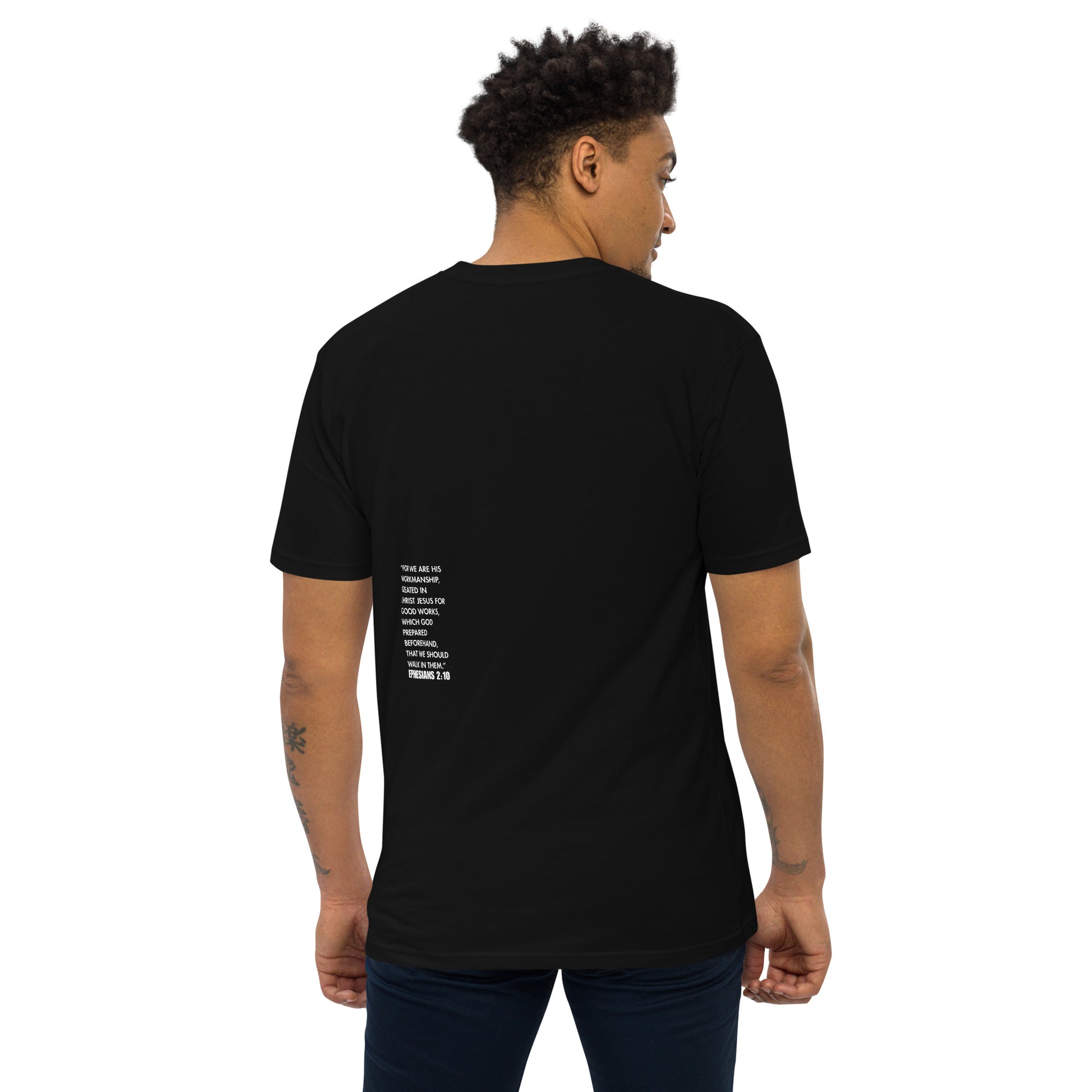 Back view of the Purpose Premium Unisex T-Shirt highlighting the soft cotton blend fabric, designed for comfort and everyday wear while promoting your faith and purpose. Proudly offered by a veteran-owned small business.