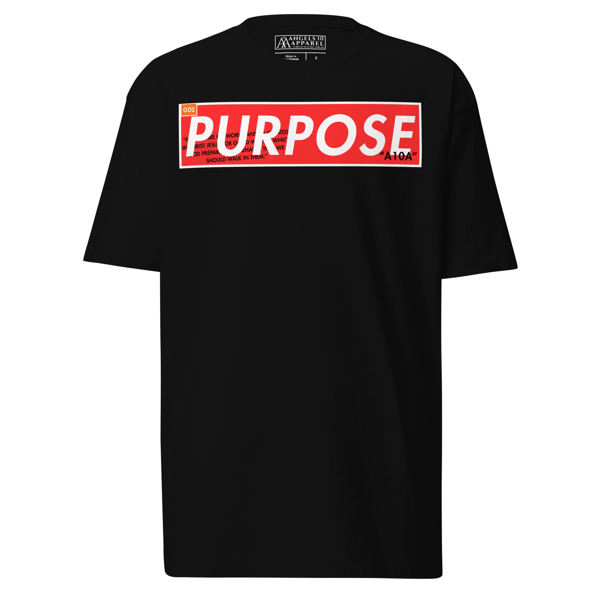 Purpose Premium Unisex T-Shirt featuring a bold 'Purpose' graphic on a black background, perfect for showing your faith and belief in your mission. Ideal for casual wear. Made by a veteran-owned, small business. Christian apparel.