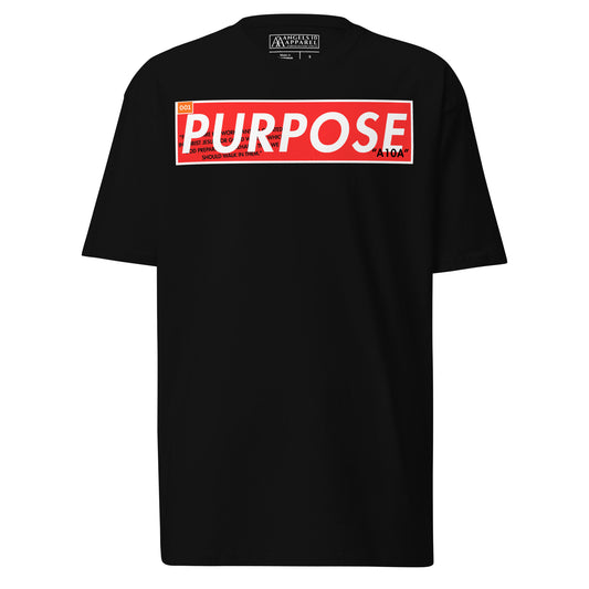 Purpose Premium Unisex T-Shirt featuring a bold 'Purpose' graphic on a black background, perfect for showing your faith and belief in your mission. Ideal for casual wear. Made by a veteran-owned, small business. Christian apparel.