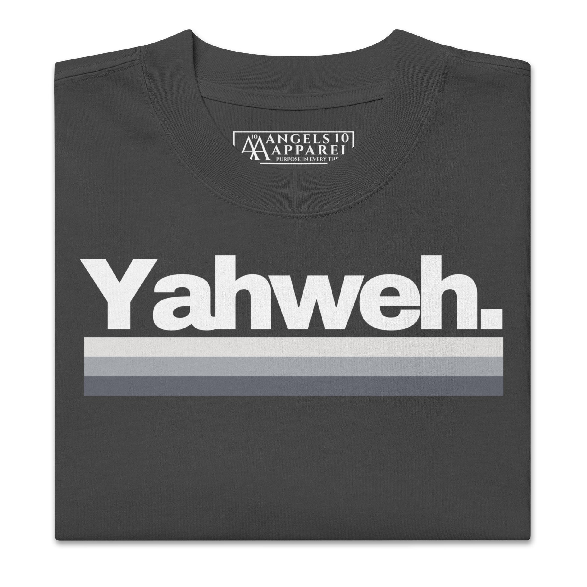 Close-up of the front design of the YHWH Oversized Unisex Faded T-Shirt featuring the word 'Yahweh' in bold print, embodying a modern twist on Christian style. A great way to support a veteran-owned small business.