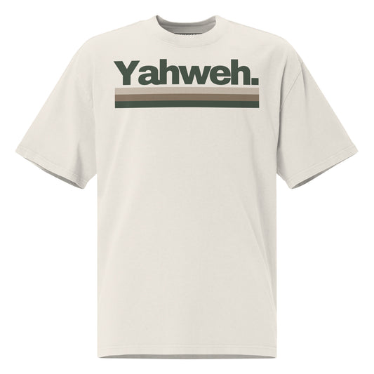 YHWH Oversized Unisex Faded T-Shirt in light beige, featuring a modern design with the word 'Yahweh.' This stylish shirt reflects a blend of faith and fashion, perfect for those who support small businesses and veteran-owned brands.