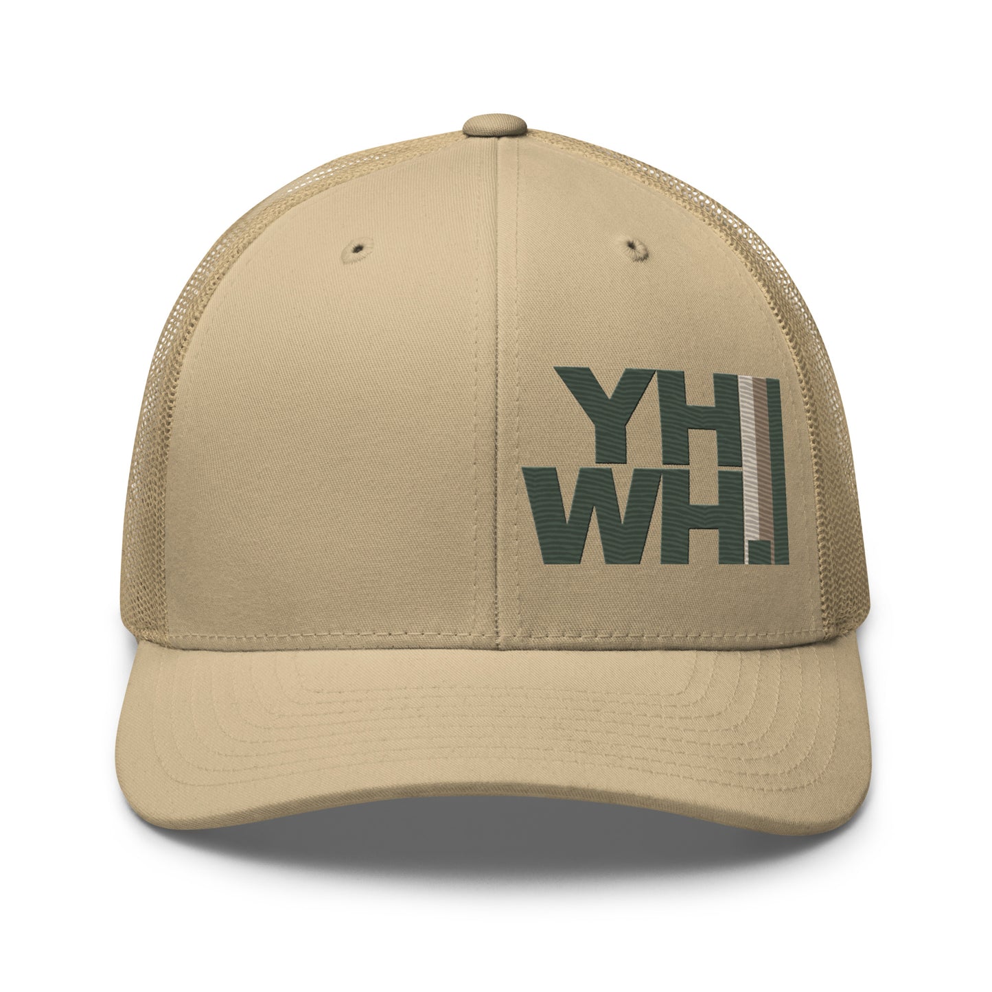 Front view of YHWH Collection Unisex Trucker Cap in beige, emphasizing its classic design. A stylish accessory that represents faith through a veteran owned small business.