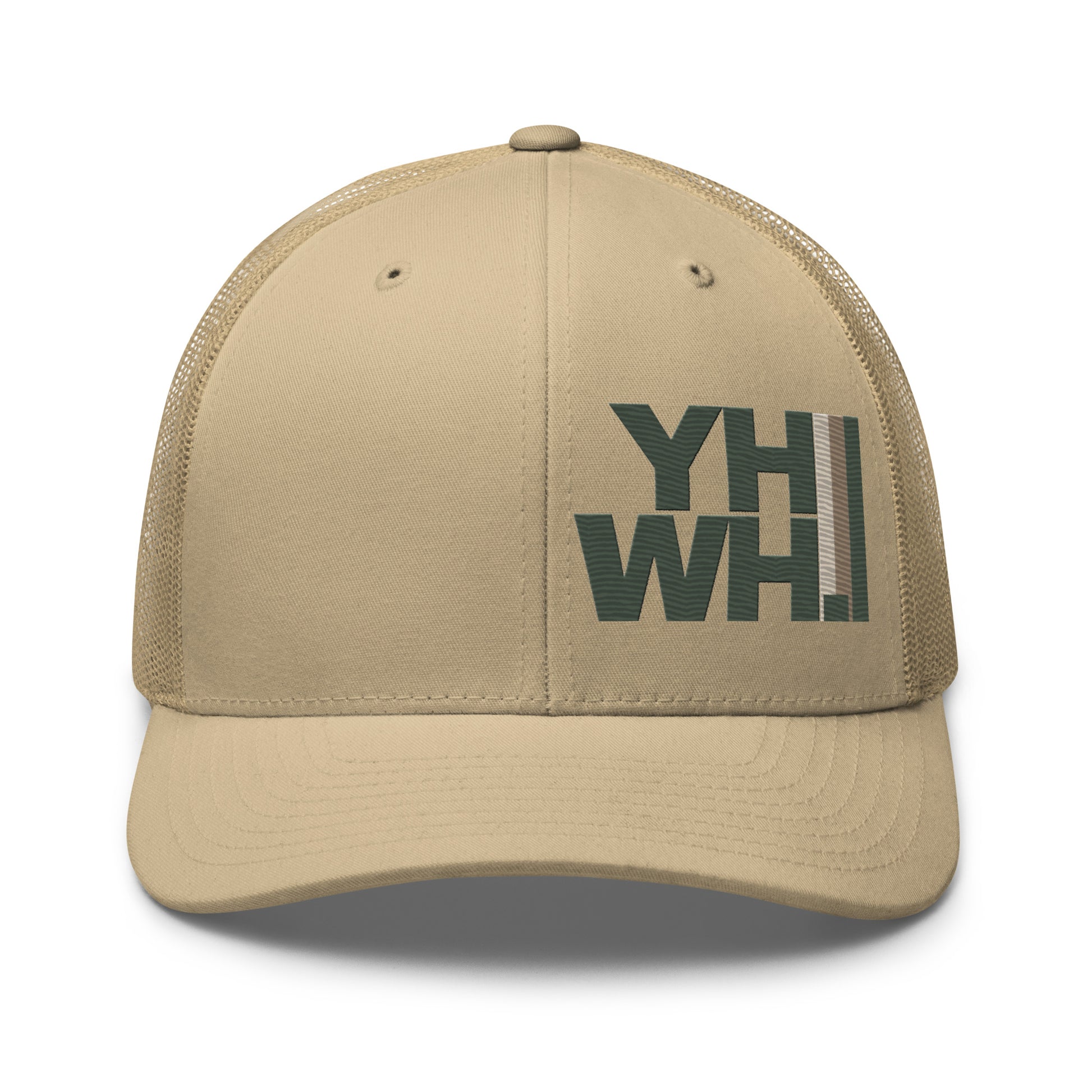 Front view of YHWH Collection Unisex Trucker Cap in beige, emphasizing its classic design. A stylish accessory that represents faith through a veteran owned small business.