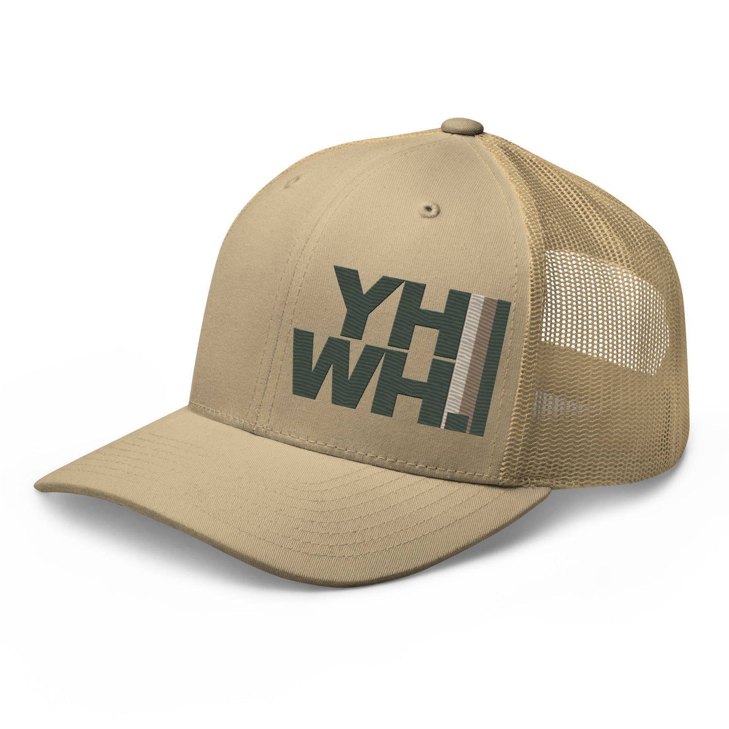 YHWH Collection Unisex Trucker Cap in beige with embroidered logo, perfect for showing your faith and style. A product of a veteran owned small business, supporting Christian values.