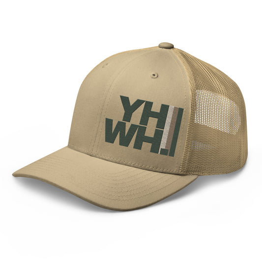 YHWH Collection Unisex Trucker Cap in beige with embroidered logo, perfect for showing your faith and style. A product of a veteran owned small business, supporting Christian values.