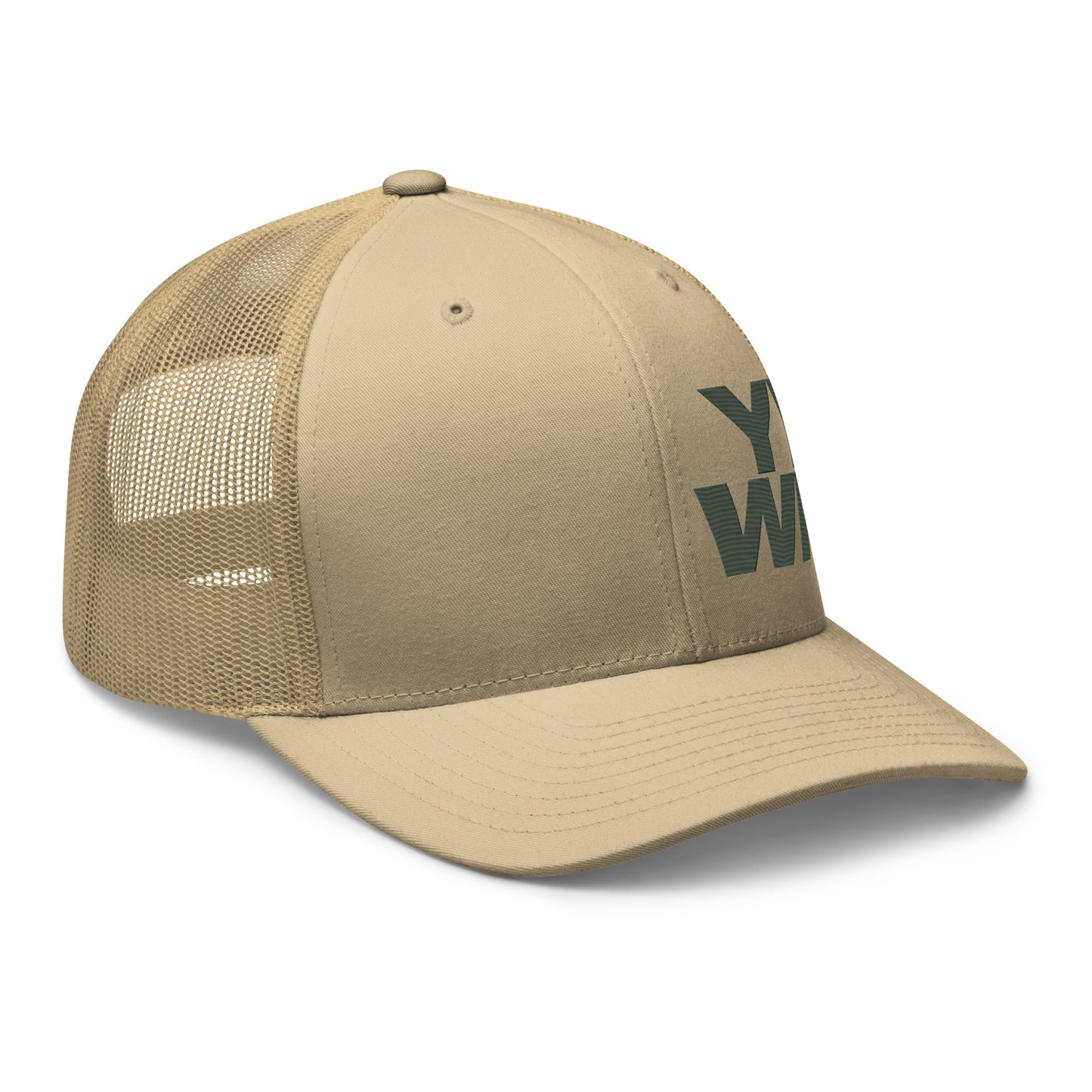 Side view of YHWH Collection Unisex Trucker Cap in beige, highlighting its breathable mesh design. Support this veteran owned small business while showcasing your Christian style.
