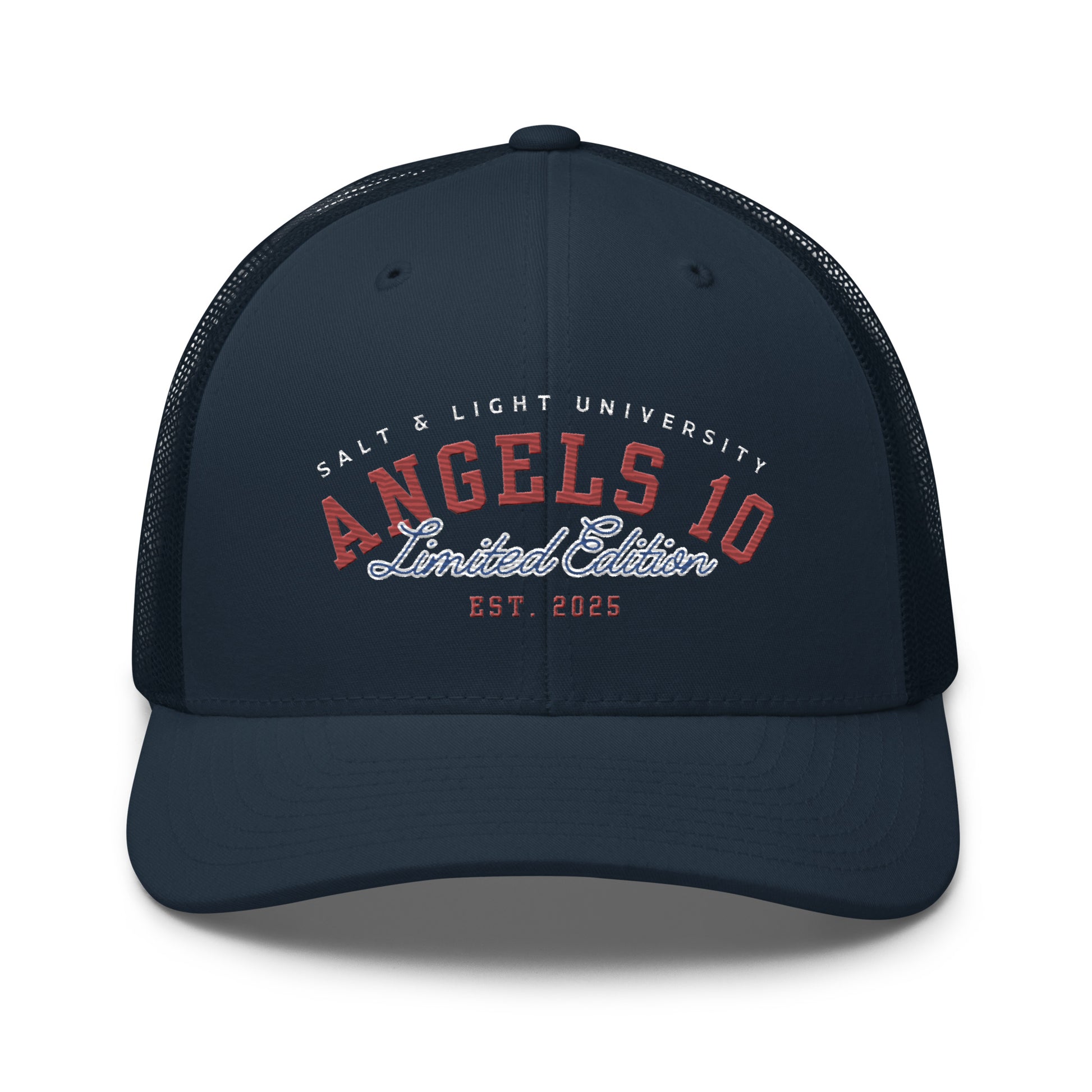 Front view of the Salt & Light Limited Trucker Cap, featuring 'ANGELS 10 Limited Edition' for college students, symbolizing faith and discipleship under the theme of being the 'salt & light of the world'.