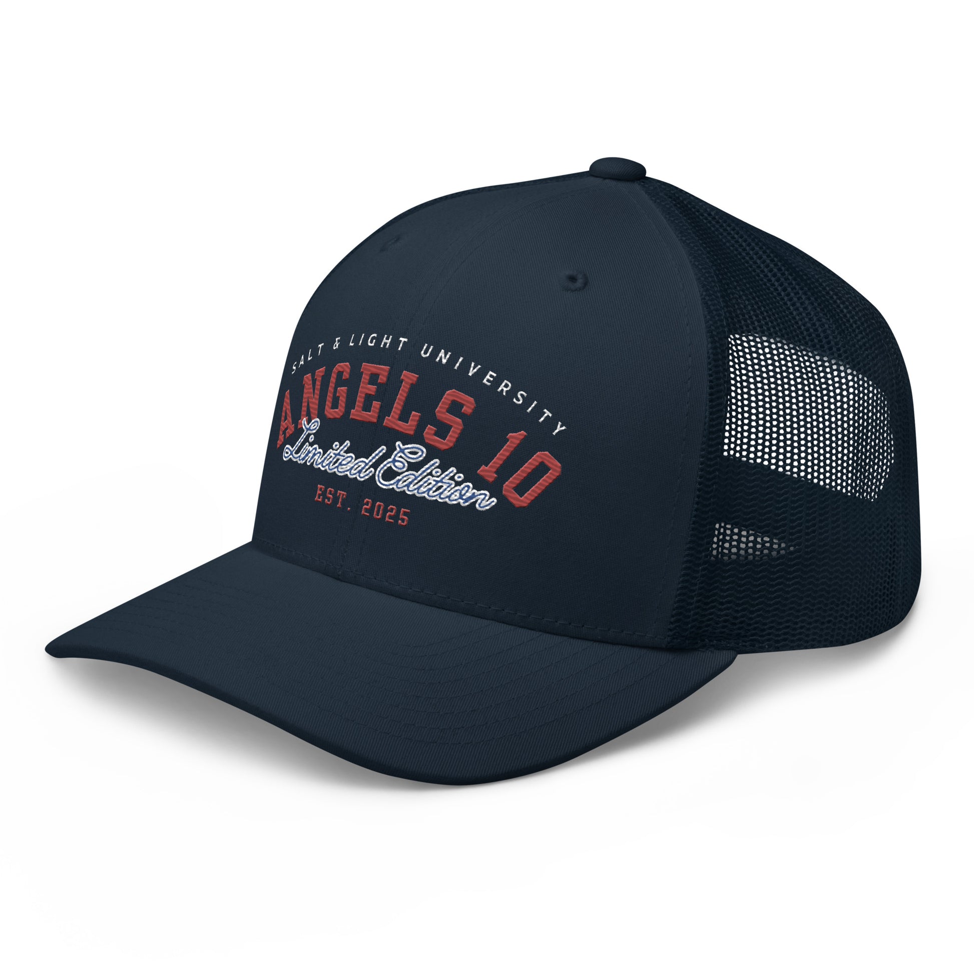Side angle of the Salt & Light Limited Trucker Cap with 'ANGELS 10 Limited Edition', designed for college students who appreciate faith and discipleship, reminding them to be the 'salt & light of the world'.