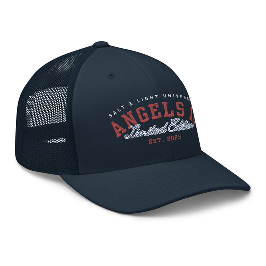 Salt & Light Limited Trucker Cap showcasing the stylish design with 'ANGELS 10 Limited Edition' for college students, perfect for expressing faith and discipleship while embodying the message of being the 'salt & light of the world'.