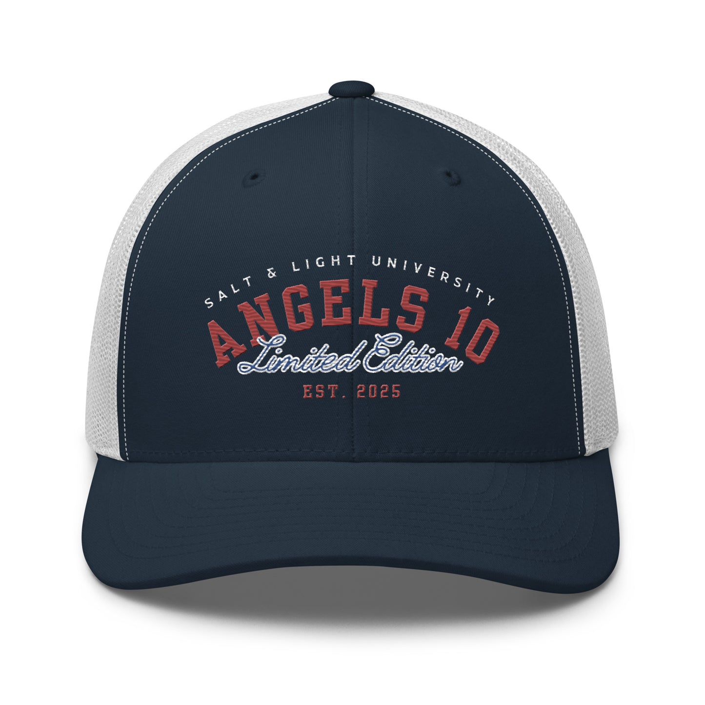 Front view of the two-tone Salt & Light Limited Trucker Cap, emphasizing 'ANGELS 10 Limited Edition', aimed at college students passionate about faith and discipleship while representing the 'salt & light of the world'.