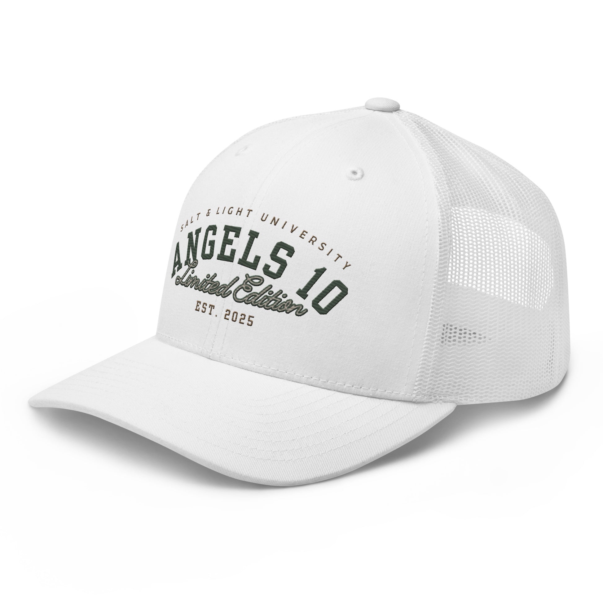Side angle of Salt & Light Unisex Trucker Cap in white, highlighting 'ANGELS 10 Limited Edition Est. 2025' - a unique trucker hat designed for those sharing their Christian faith and discipleship during college, shining bright as the salt & light of the world.