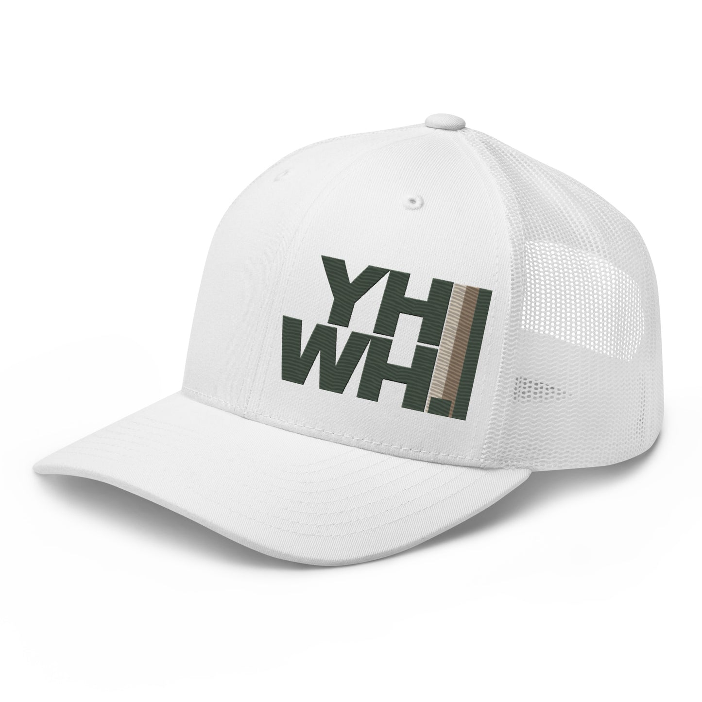 Side view of the YHWH Collection Unisex Trucker Cap in white, designed with a structured front and breathable mesh back. Ideal for those wanting to express their Christian faith while being stylish, support veteran-owned small businesses.