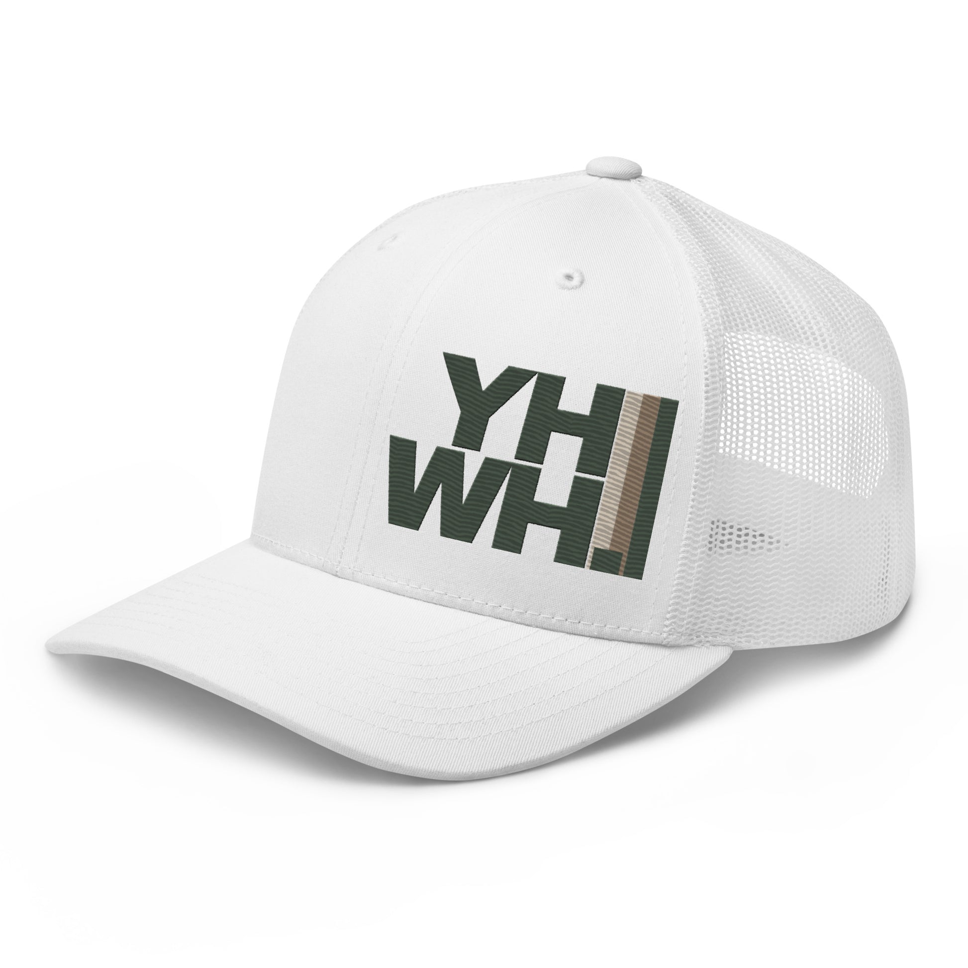 Side view of the YHWH Collection Unisex Trucker Cap in white, designed with a structured front and breathable mesh back. Ideal for those wanting to express their Christian faith while being stylish, support veteran-owned small businesses.