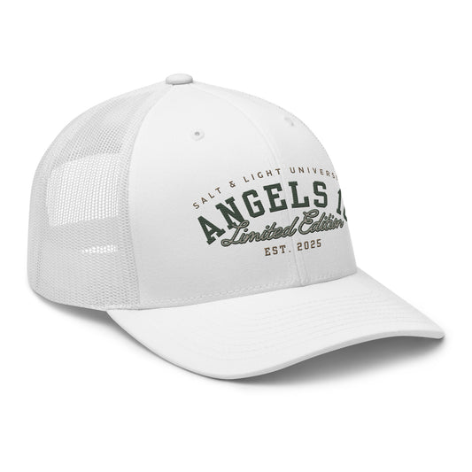 Salt & Light Unisex Trucker Cap in white, featuring 'ANGELS 10 Limited Edition Est. 2025' - a stylish hat promoting Christian faith and discipleship, perfect for college and showcasing your role as the salt & light of the world.