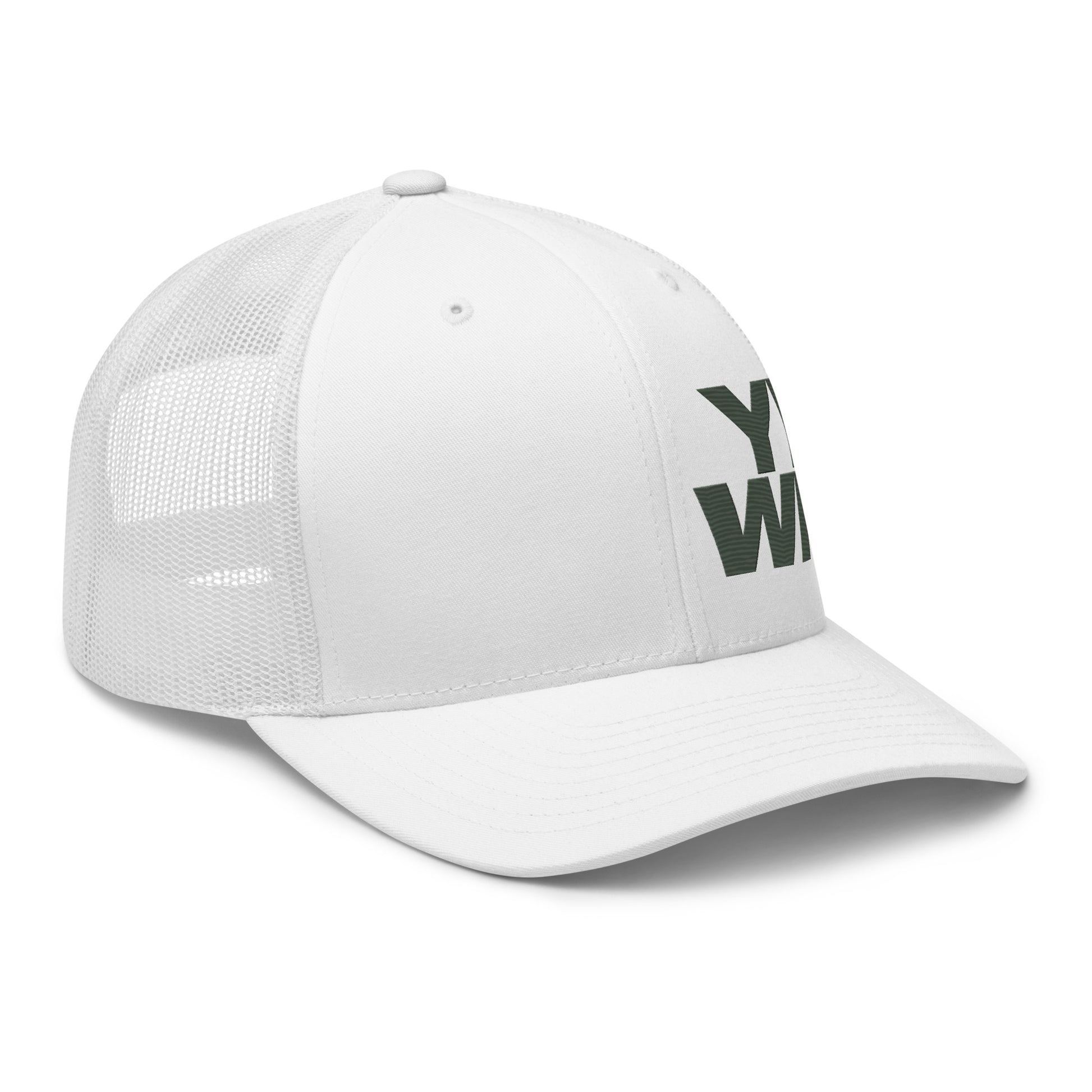Detailed view of the YHWH Collection Unisex Trucker Cap in white, emphasizing its unique YHWH logo and adjustable fit. This cap is a trendy accessory for anyone passionate about faith, supporting small businesses and veteran-owned brands.