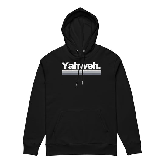 YHWH Oversized Unisex Hoodie in black featuring bold 'Yahweh' graphic, perfect for expressing style and faith. Support a veteran-owned small business with this comfortable streetwear. Christian themes blend with modern aesthetics.