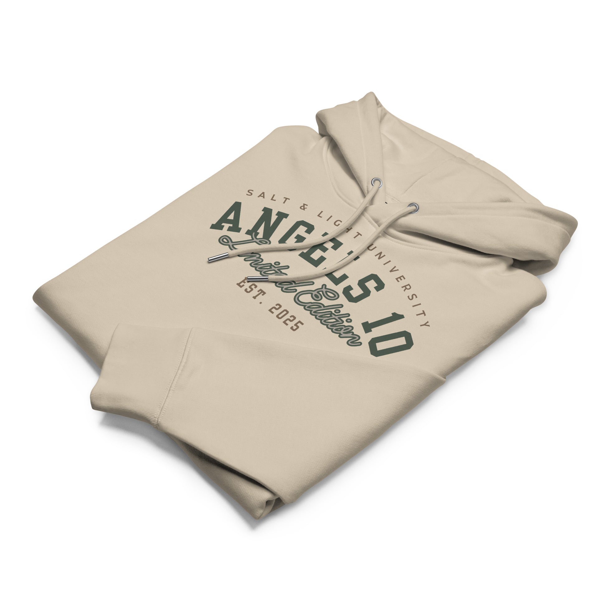 Folded Premium Organic Hoodie for Christian Discipleship in beige, showcasing its cozy design that supports the message of faith and encourages discipleship as the salt & light of the world for college students.