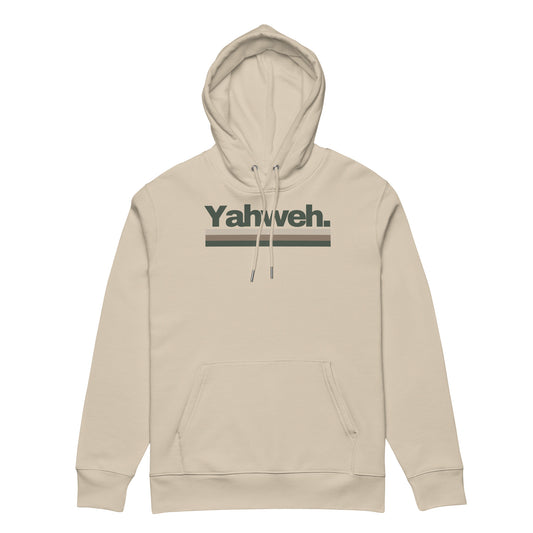 YHWH Unisex Oversized Organic Hoodie showcasing a minimalist design in beige, blended heavyweight cotton for ultimate comfort and style, perfect for expressing christian faith and supporting a veteran-owned small business.