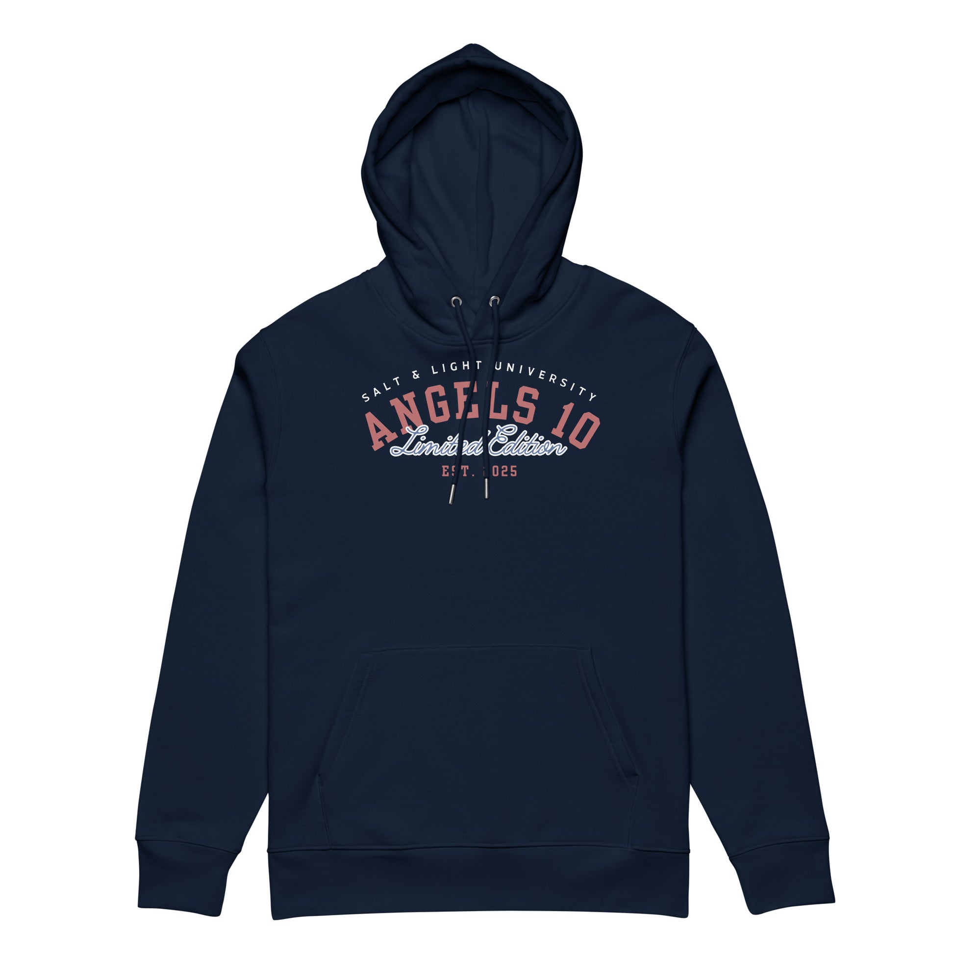 Salt & Light Unisex Organic Hoodie featuring 'ANGELS 10' design, perfect for college discipleship. Showcase your faith and style as you embody the salt & light of the world. Ideal for Christian students.