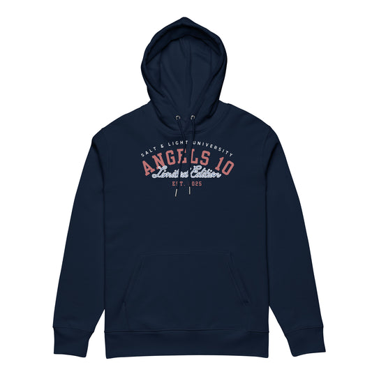 Salt & Light Unisex Organic Hoodie featuring 'ANGELS 10' design, perfect for college discipleship. Showcase your faith and style as you embody the salt & light of the world. Ideal for Christian students.