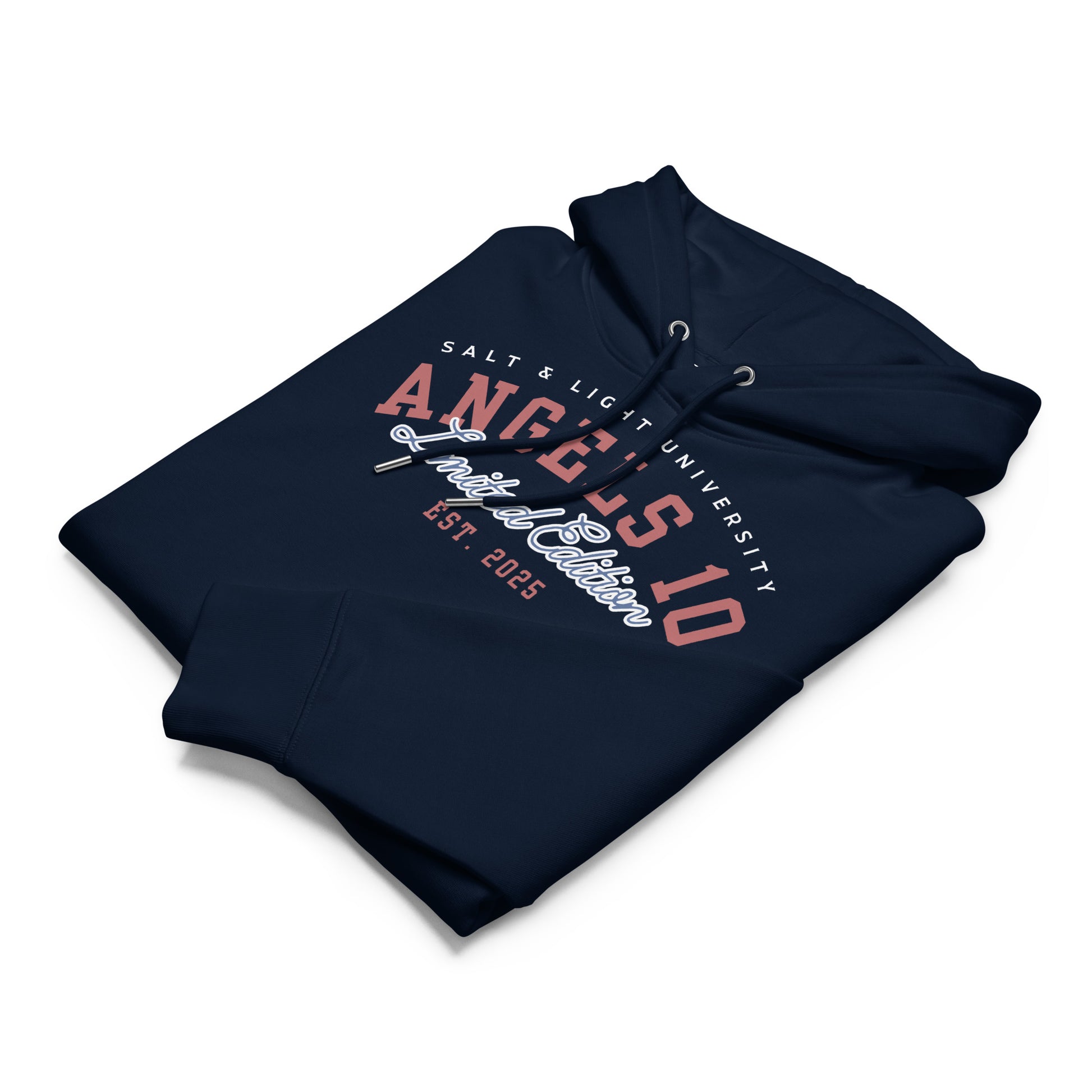 Folded Salt & Light Unisex Organic Hoodie with 'ANGELS 10' logo, blending comfort and purpose. A great choice for college discipleship, reflecting your Christian faith and the salt & light of the world.
