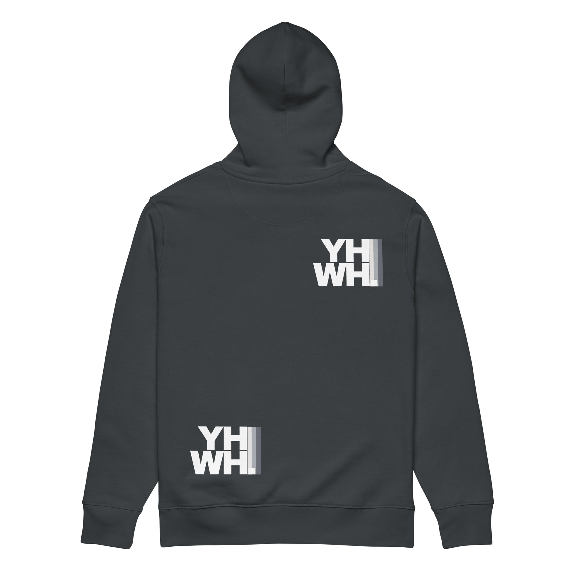 Back view of the YHWH Oversized Unisex Hoodie showcasing YHWH branding, emphasizing comfort and style. This sweatshirt, crafted by a veteran-owned small business, combines faith with fashion, making it a unique clothing choice for those who value both.