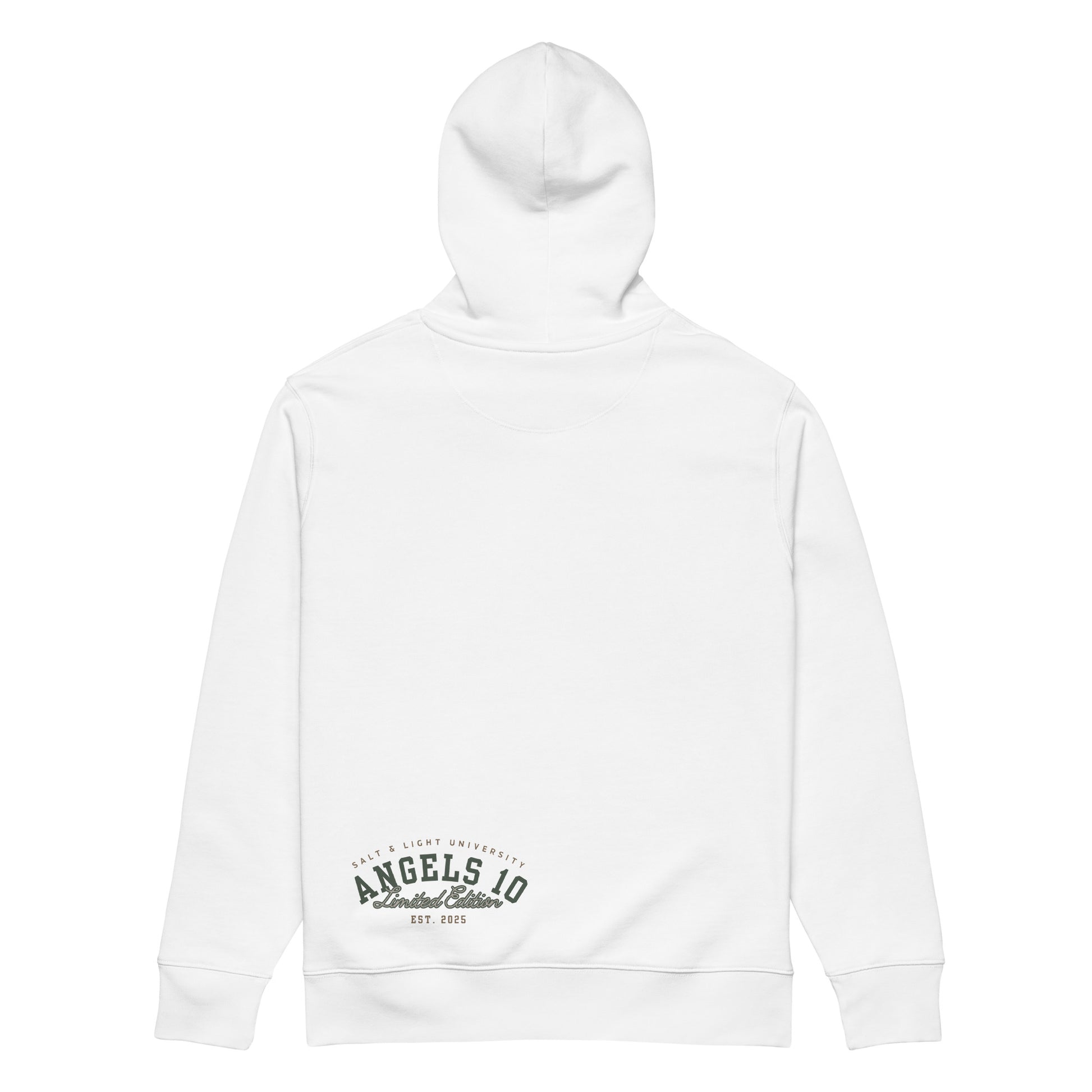 Back view of the Premium Organic Hoodie for Christian Discipleship in white, designed for comfort and warmth, ideal for sharing your faith and values as the salt & light of the world while on campus.