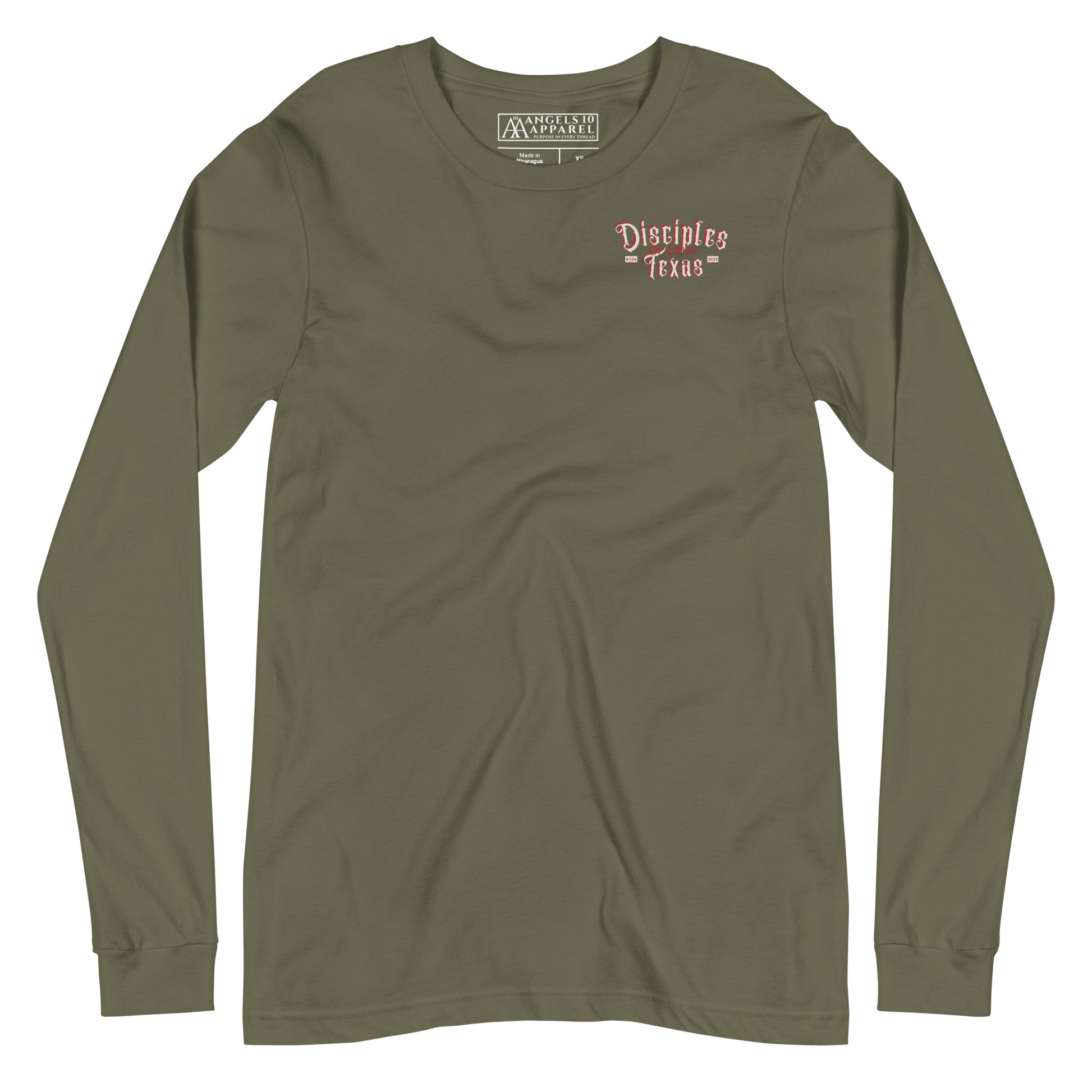 Front view of an olive Disciples of Christ Christian Long Sleeve Tee by ANGELS 10 APPAREL LLC, presenting a simple logo, great for Christian Apparel, Faith-Based Clothing, and Texas Bikers.