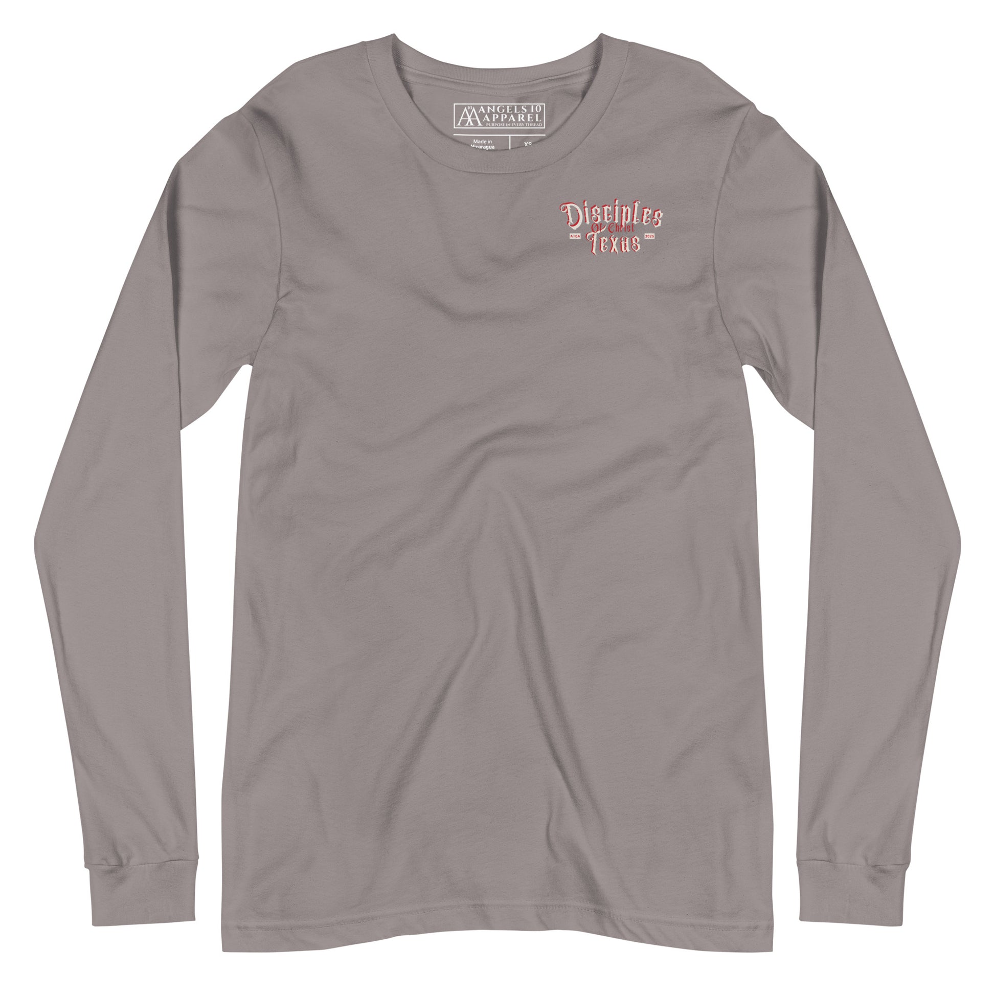 Front view of a gray Disciples of Christ Christian Long Sleeve Tee by ANGELS 10 APPAREL LLC, designed with a logo, perfect for Christian Apparel, Faith-Based Clothing, and Texas Bikers.
