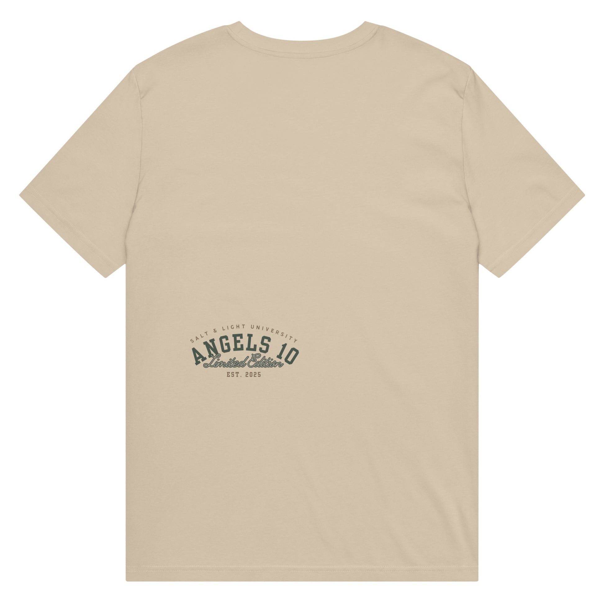 Back view of a Premium Quality Organic Cotton T-Shirt for Christian Discipleship in beige, showcasing 'ANGELS 10 Limited Edition' design, ideal for sharing faith and discipleship for college students, shining as the salt & light of the world.