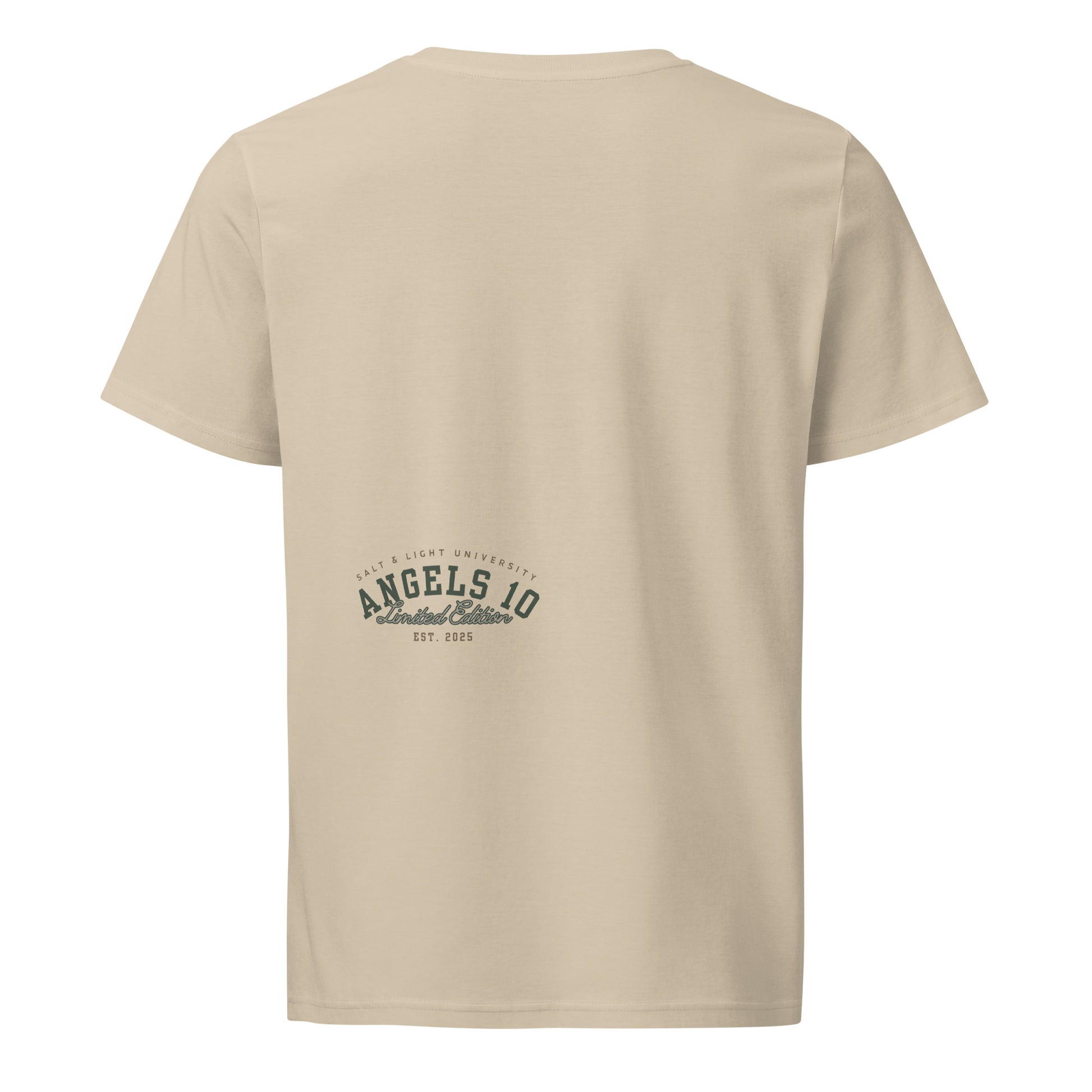 Back view of the Premium Quality Organic Cotton T-Shirt for Christian Discipleship showcasing the 'ANGELS 10 Limited Edition' logo. Ideal for college students wanting to share their faith and the message of being the salt & light of the world.