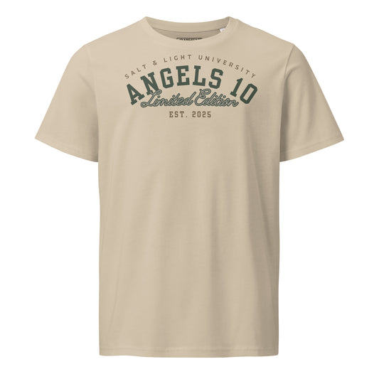 Premium Quality Organic Cotton T-Shirt for Christian Discipleship featuring 'Salt & Light University' design in beige color, perfect for college students sharing their faith as the salt & light of the world.