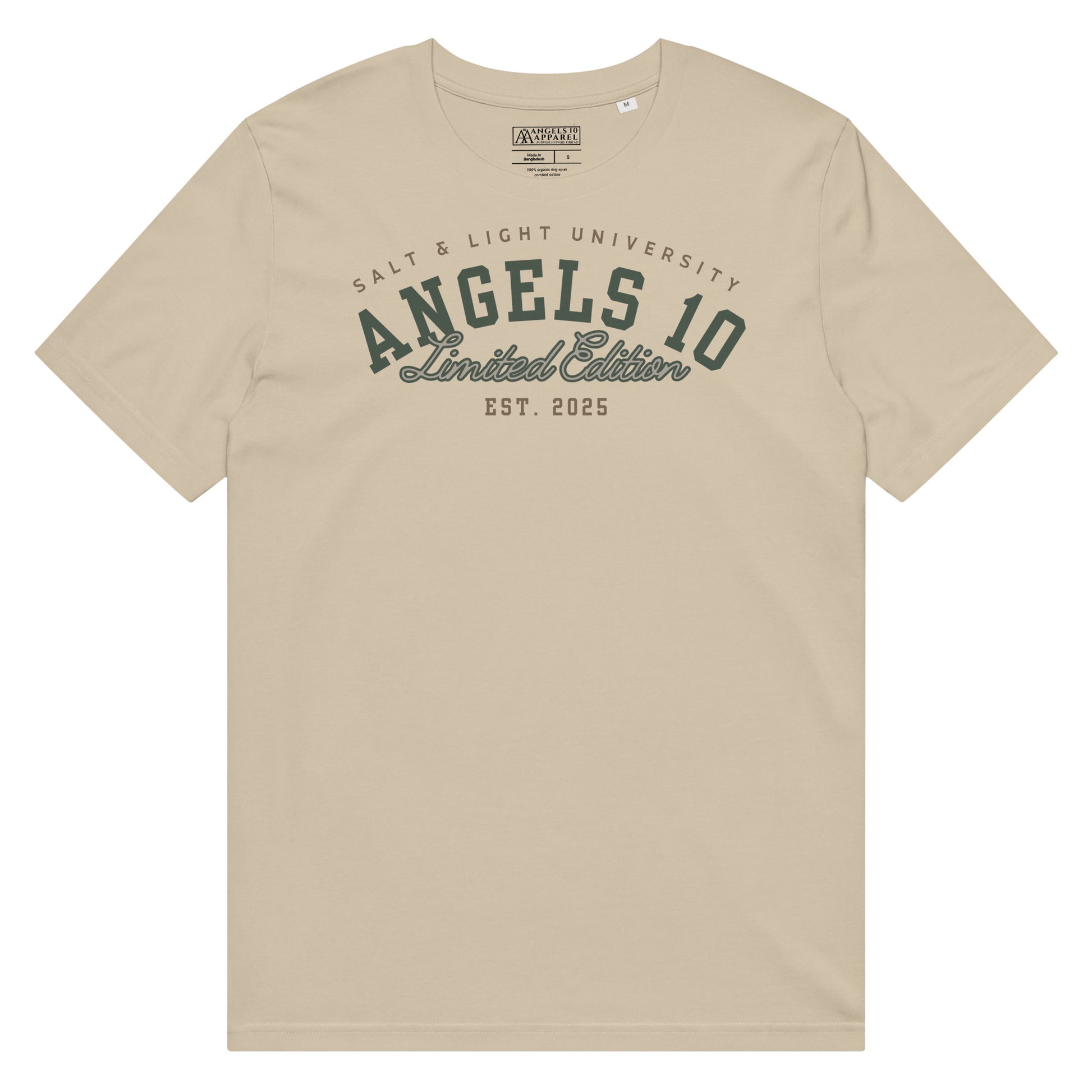 Premium Quality Organic Cotton T-Shirt for Christian Discipleship displaying 'Salt & Light University' in beige, perfect for college attendees wishing to radiate their faith as the salt & light of the world.