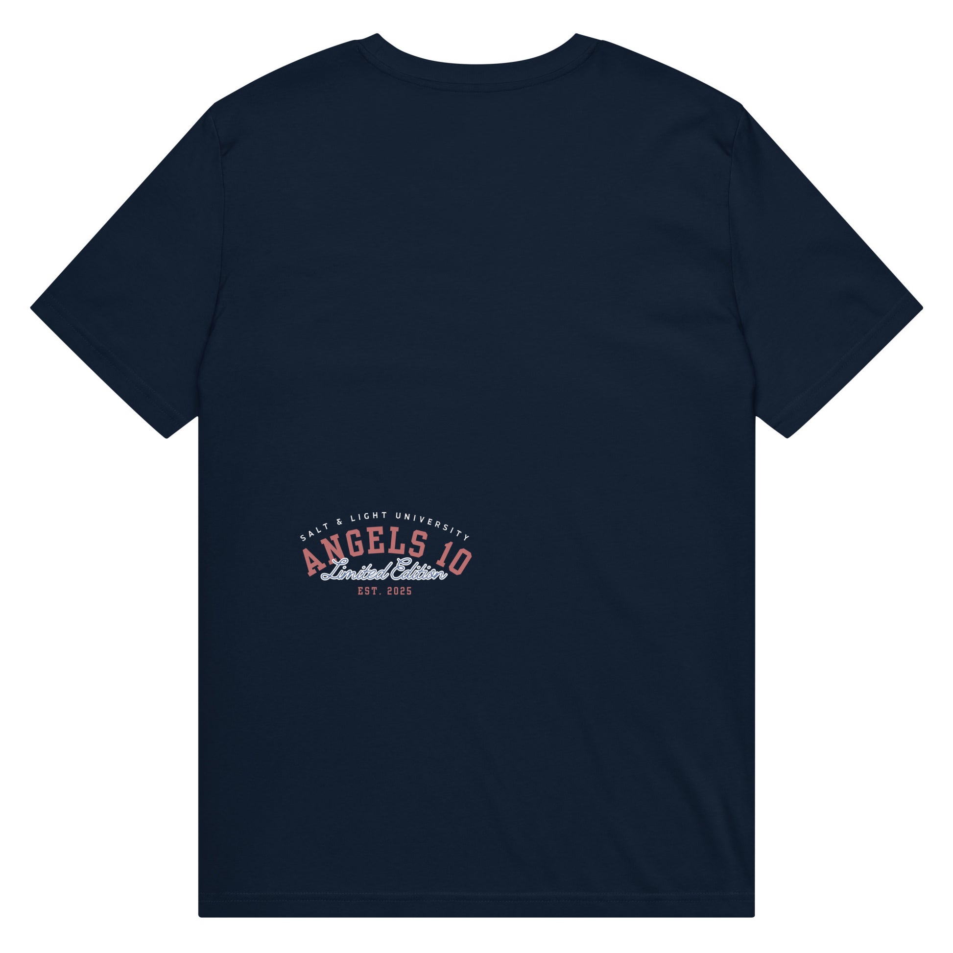 Back view of the Salt & Light Unisex 100% Organic Cotton Mid-Light T-Shirt featuring a stylish design, ideal for those who value faith and community in their college life.