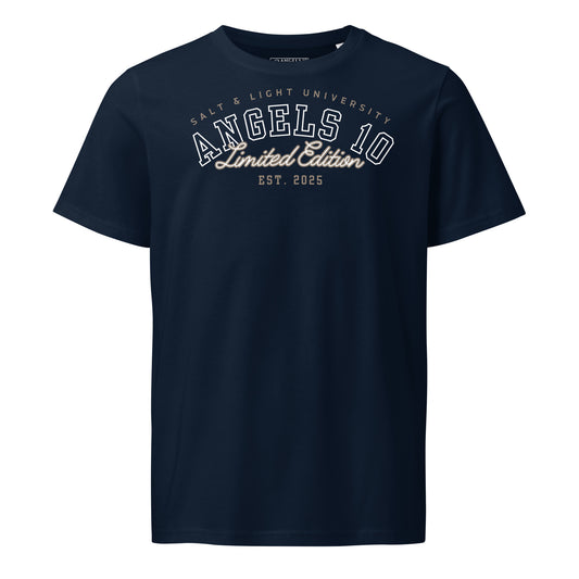 Salt & Light Unisex Organic Cotton Mid-Light T-Shirt in navy color featuring the Angels 10 Limited Edition logo, perfect for expressing faith and discipleship on campus and beyond. Ideal for those who live as the salt & light of the world.