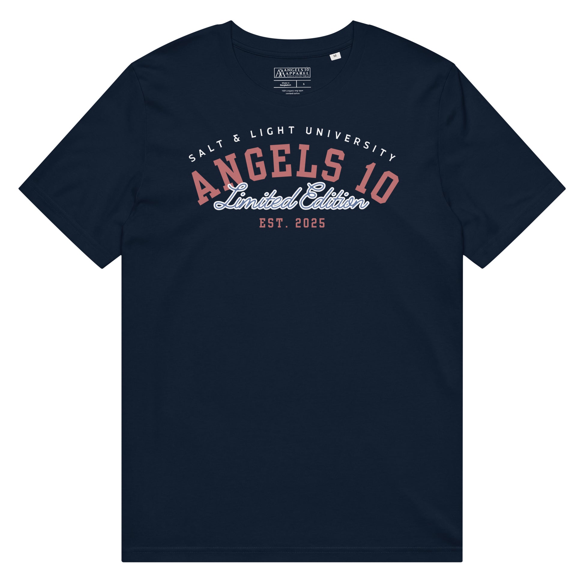 Salt & Light Unisex 100% Organic Cotton Mid-Light T-Shirt showcasing the front design, perfect for college students engaged in discipleship, promoting faith, and embracing the message of being the salt & light of the world.