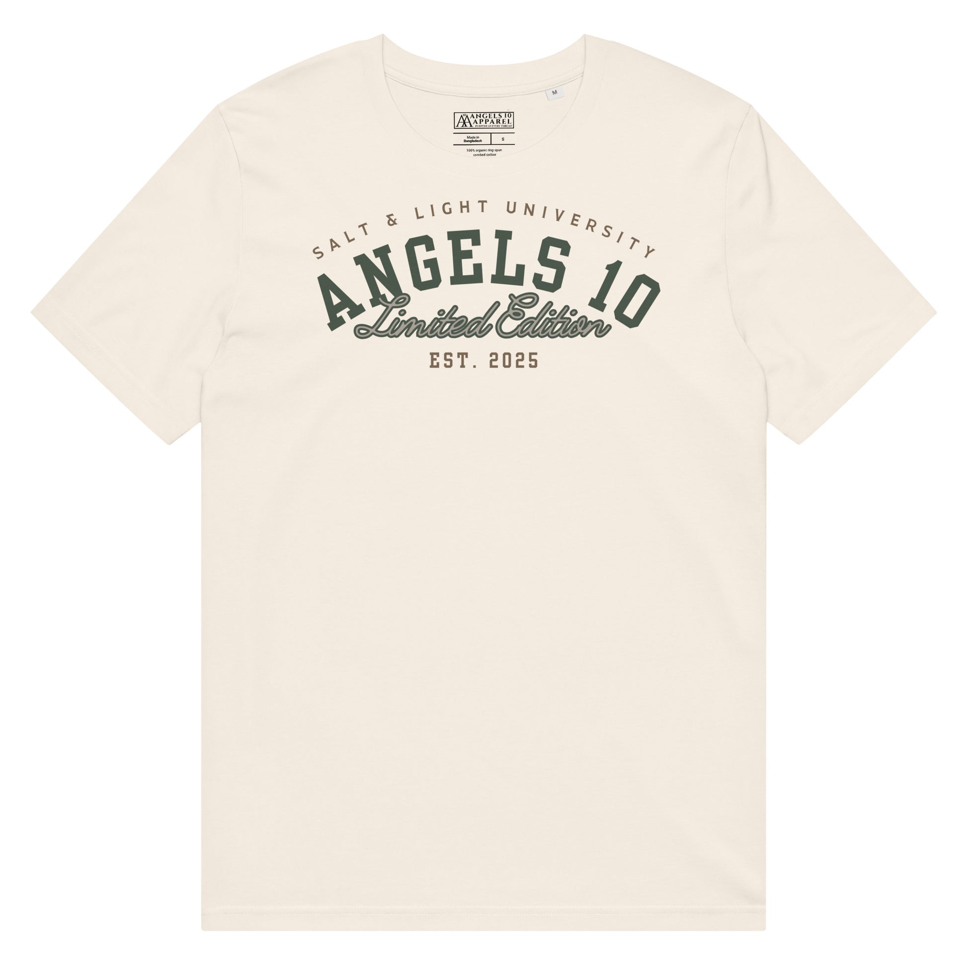 Premium Quality Organic Cotton T-Shirt for Christian Discipleship featuring 'Salt & Light University' in cream, ideal for college students eager to share their faith and embody the salt & light of the world.