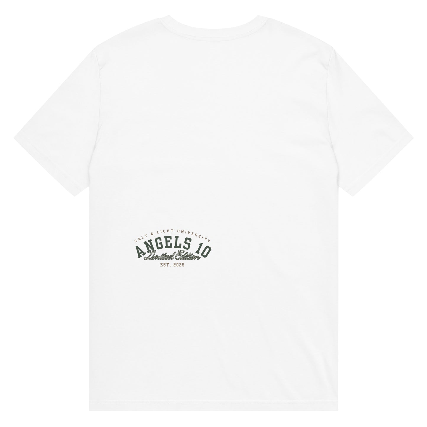 Back view of a Premium Quality Organic Cotton T-Shirt for Christian Discipleship featuring 'ANGELS 10 Limited Edition' design, perfect for expressing faith and discipleship as a college student, embodying the salt & light of the world.