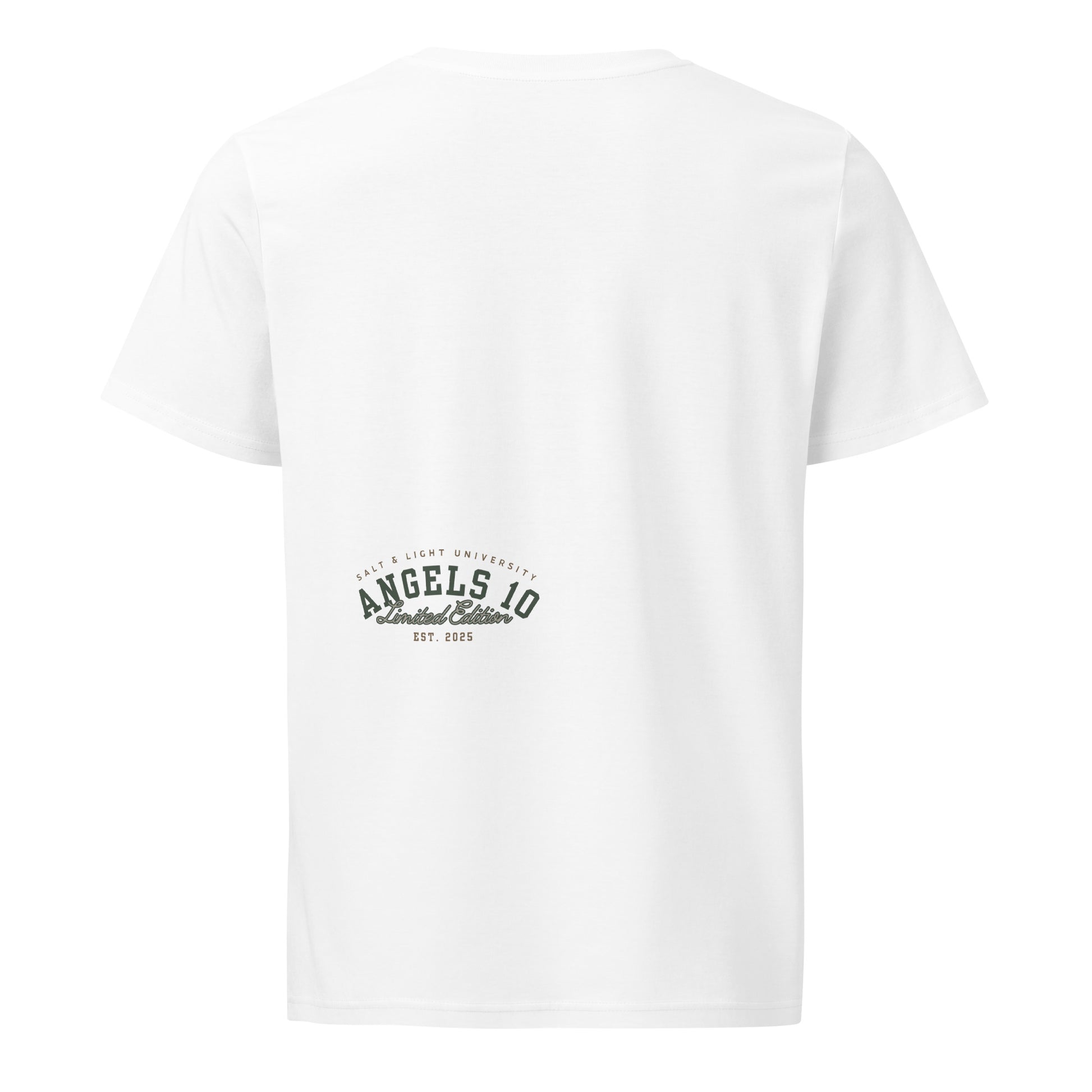 Back view of the Premium Quality Organic Cotton T-Shirt for Christian Discipleship featuring the 'ANGELS 10 Limited Edition' design. A perfect option for college students to express their faith and promote their role as the salt & light of the world.