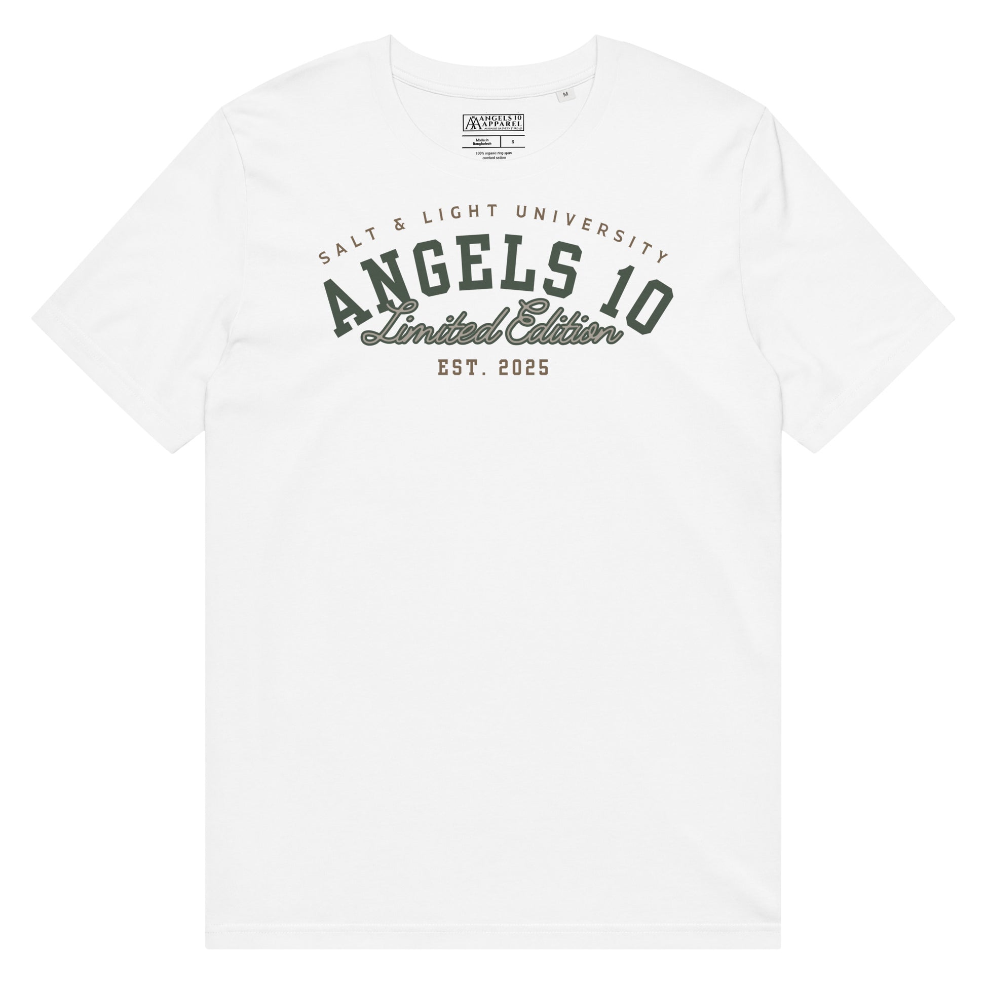 Front view of the Premium Quality Organic Cotton T-Shirt for Christian Discipleship featuring 'Salt & Light University' and 'ANGELS 10' design. Perfect for expressing faith and discipleship while being stylish for college students.