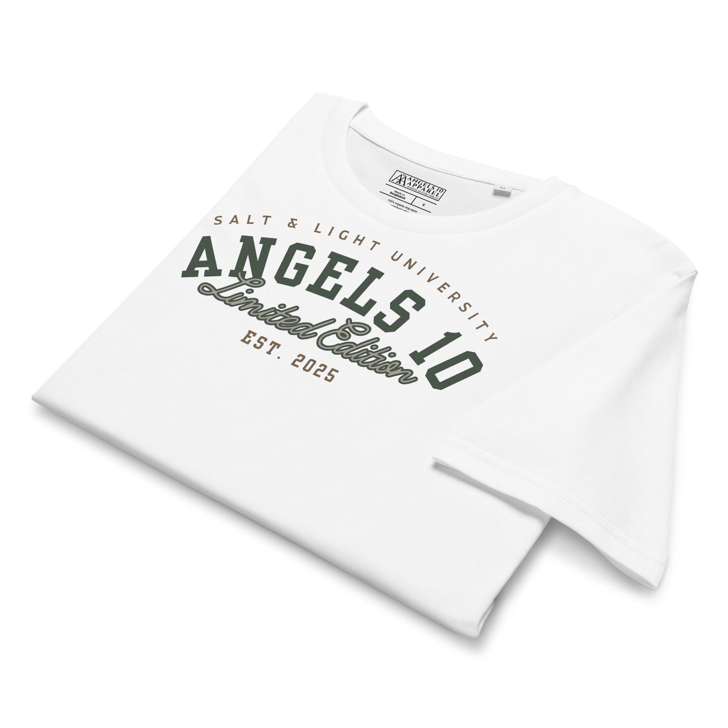 Folded Premium Quality Organic Cotton T-Shirt for Christian Discipleship in white, showcasing 'ANGELS 10 Limited Edition' design, making it an excellent option for college students to share their faith and discipleship as the salt & light of the world.