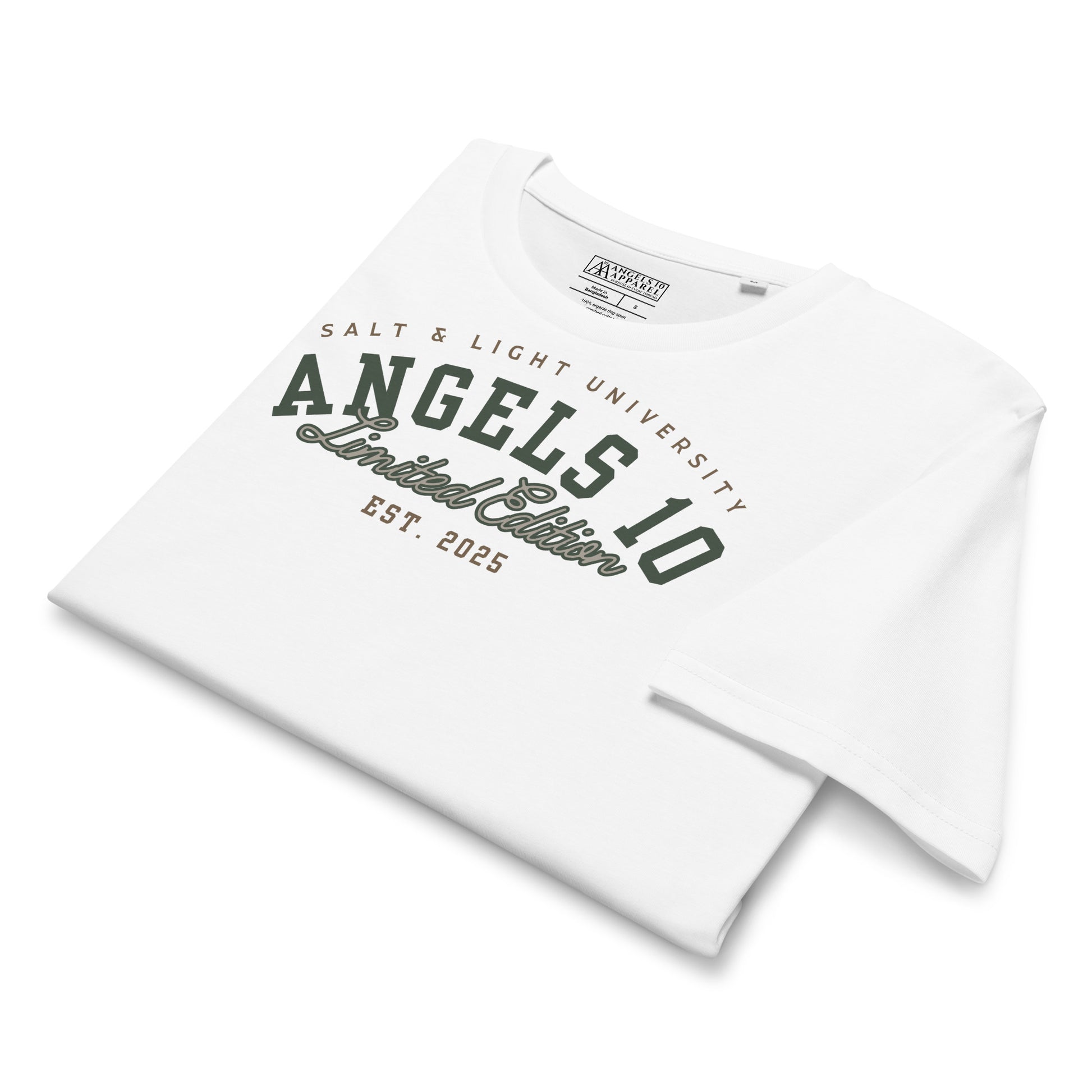 Folded Premium Quality Organic Cotton T-Shirt for Christian Discipleship in white, showcasing 'ANGELS 10 Limited Edition' design, making it an excellent option for college students to share their faith and discipleship as the salt & light of the world.