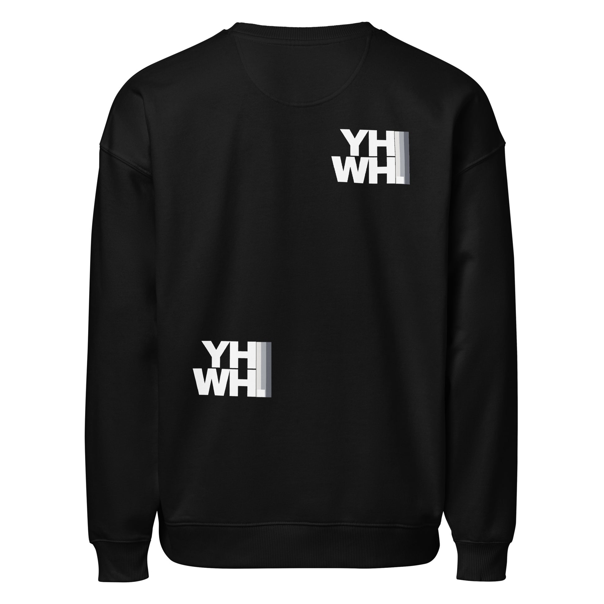 Back view of the YHWH Collection Unisex Oversized Crewneck Sweatshirt in black, highlighting its comfortable oversized fit and faith-inspired design. Support this veteran-owned small business with your style choice.