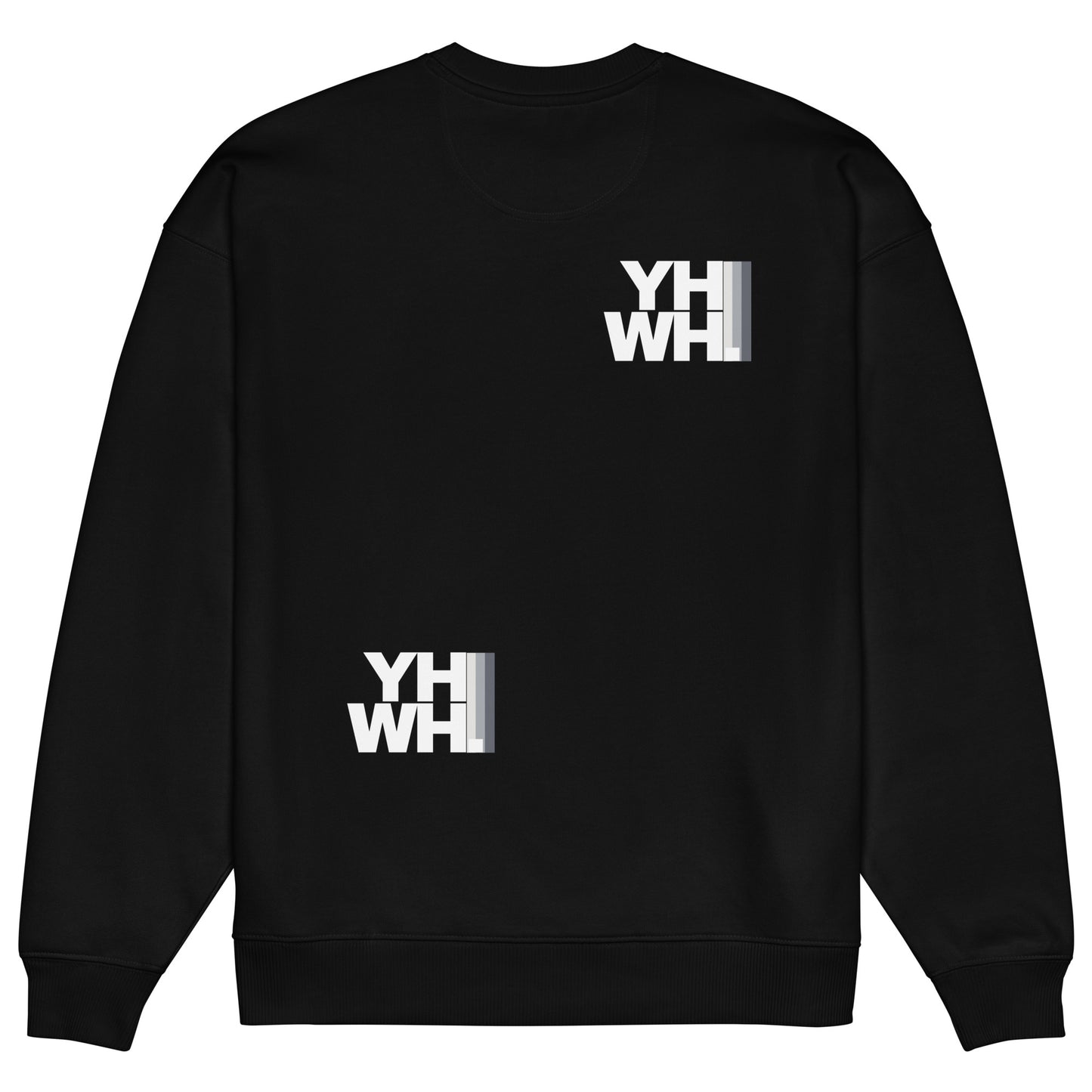 Front view of black YHWH Collection Unisex Oversized Crewneck Sweatshirt with minimalist logo, ideal for those who appreciate style and faith. Support a veteran-owned small business.