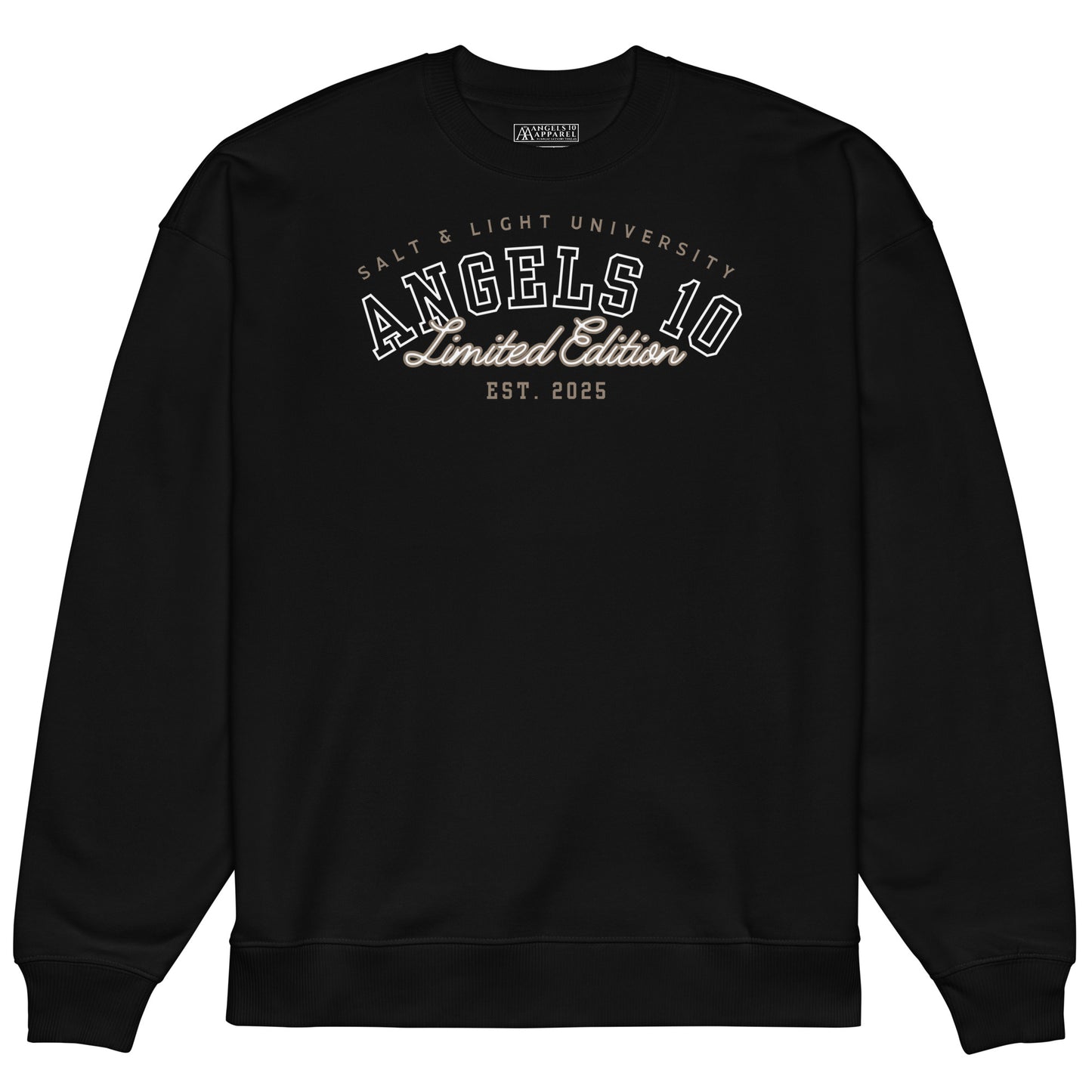 Salt & Light Oversized Unisex Organic Sweatshirt in black, featuring 'ANGELS 10 Limited Edition' text, perfect for showcasing your faith and discipleship as part of a college wardrobe.