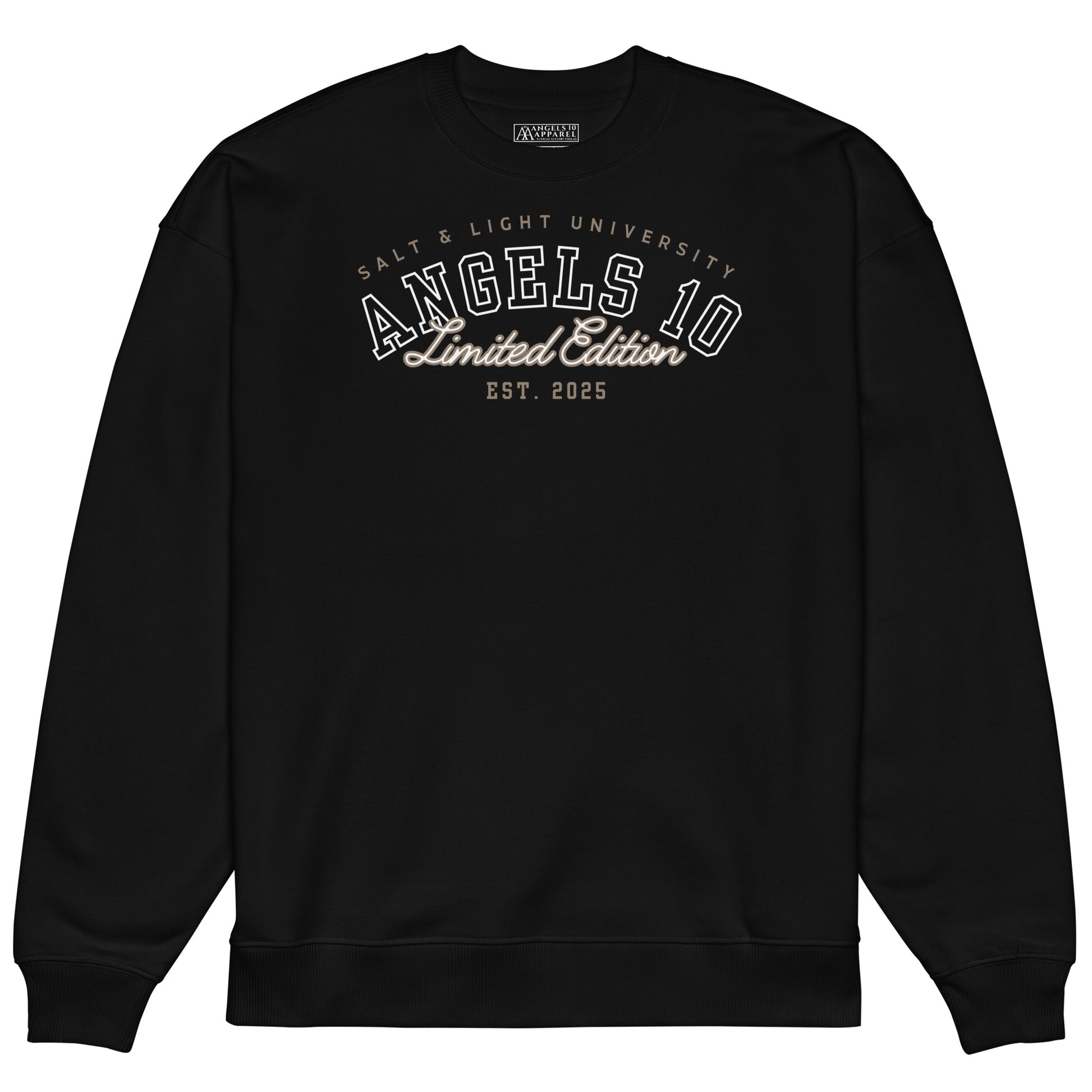 Salt & Light Oversized Unisex Organic Sweatshirt in black, featuring 'ANGELS 10 Limited Edition' text, perfect for showcasing your faith and discipleship as part of a college wardrobe.