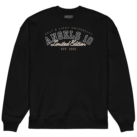 Salt & Light Oversized Unisex Organic Sweatshirt in black, featuring 'ANGELS 10 Limited Edition' text, perfect for showcasing your faith and discipleship as part of a college wardrobe.