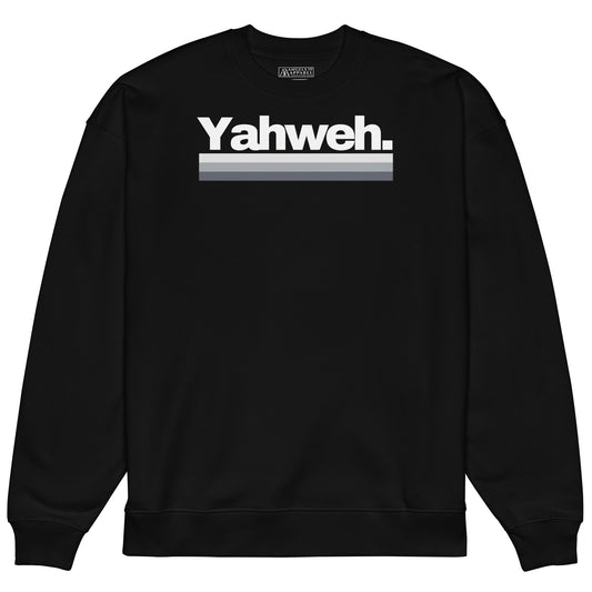 YHWH Collection Unisex Oversized Crewneck Sweatshirt in black featuring the word 'Yahweh' in a minimalist style. This cozy sweatshirt is perfect for those who value style and comfort while expressing their faith. Support a veteran-owned small business with this unique piece.