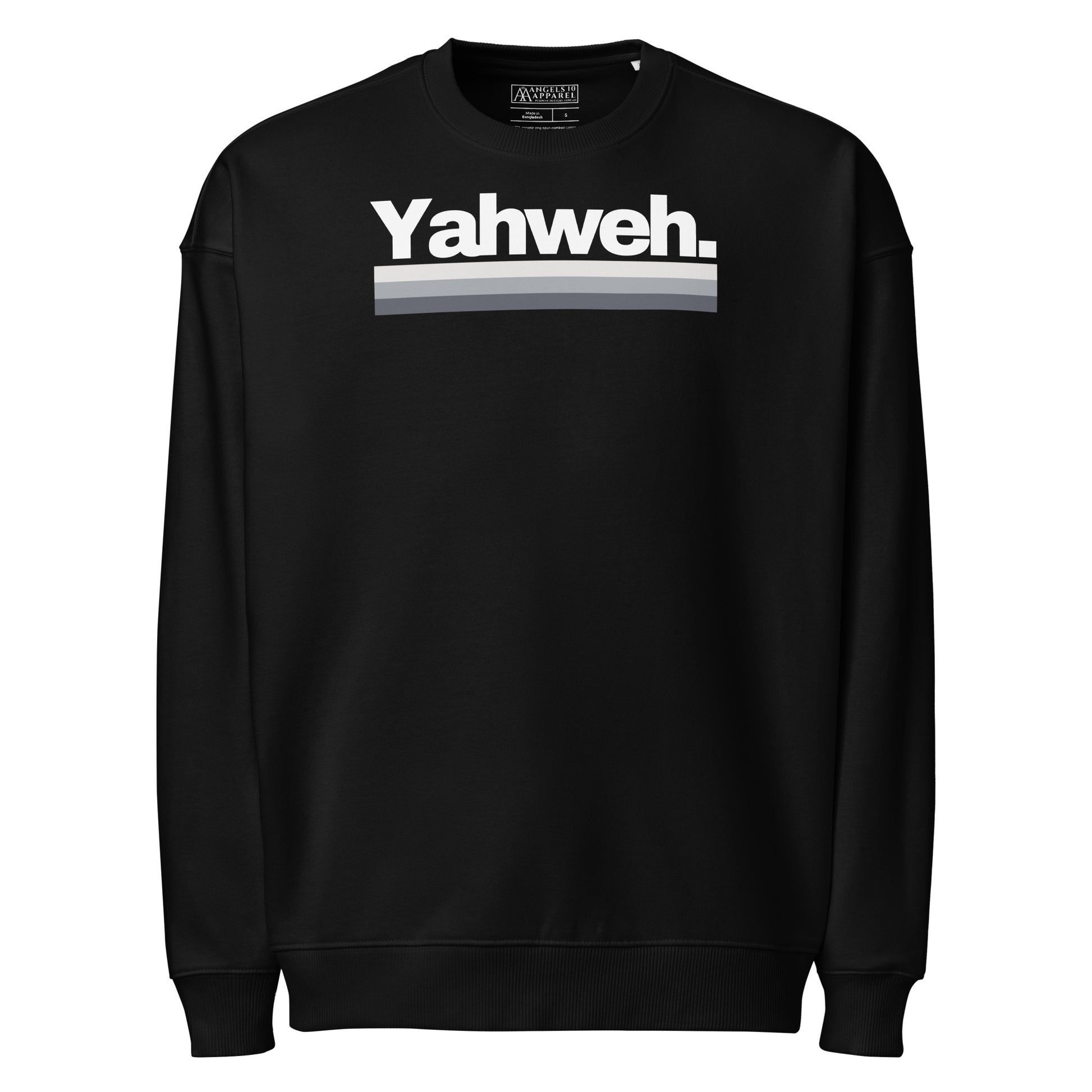 YHWH Collection Unisex Oversized Crewneck Sweatshirt in black, showcasing the word 'Yahweh.' This stylish sweatshirt emphasizes christian values and is crafted by a veteran-owned small business.