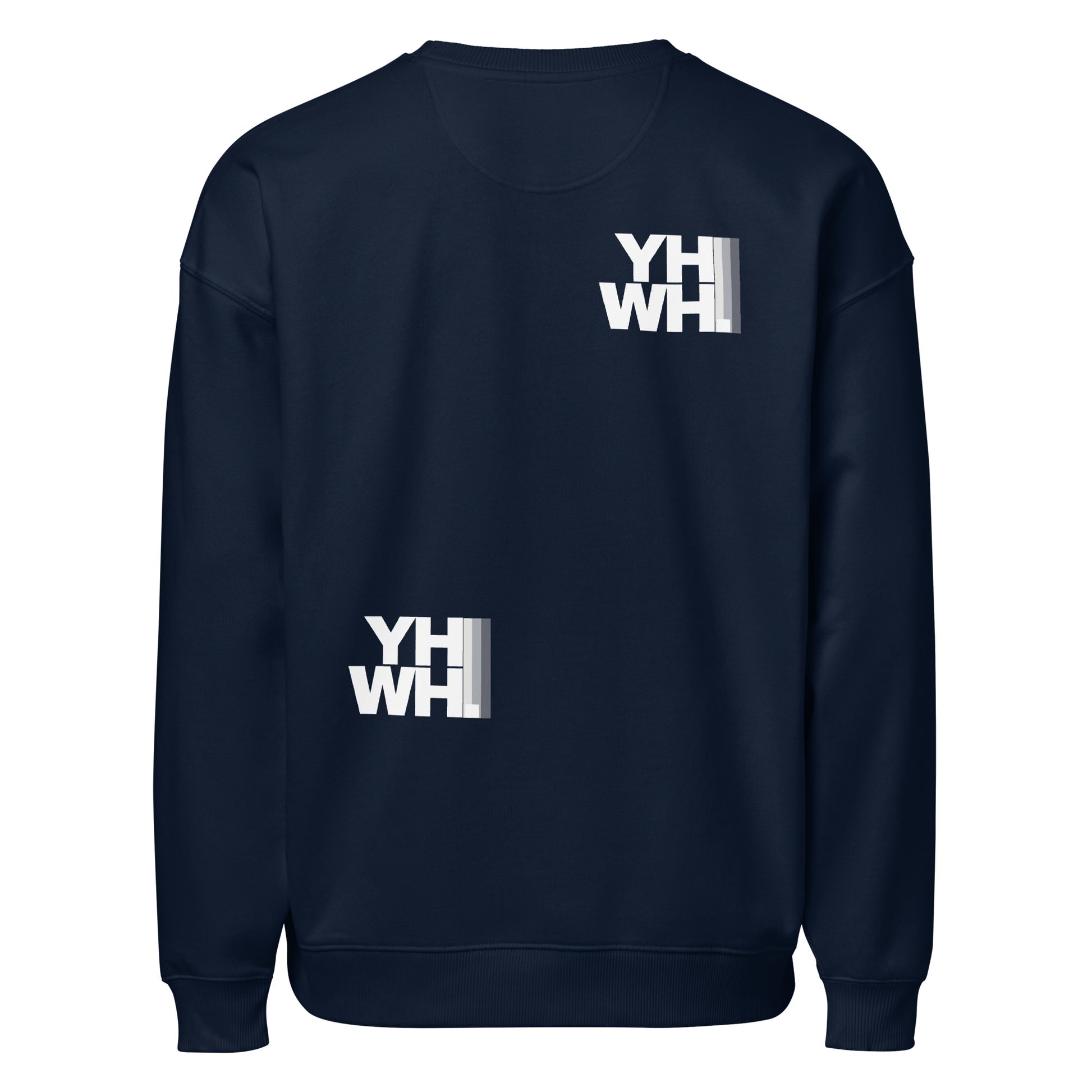 Back view of the YHWH Collection Unisex Oversized Crewneck Sweatshirt in navy, emphasizing its casual oversized design that reflects deep christian beliefs. A stylish choice from a veteran-owned small business.